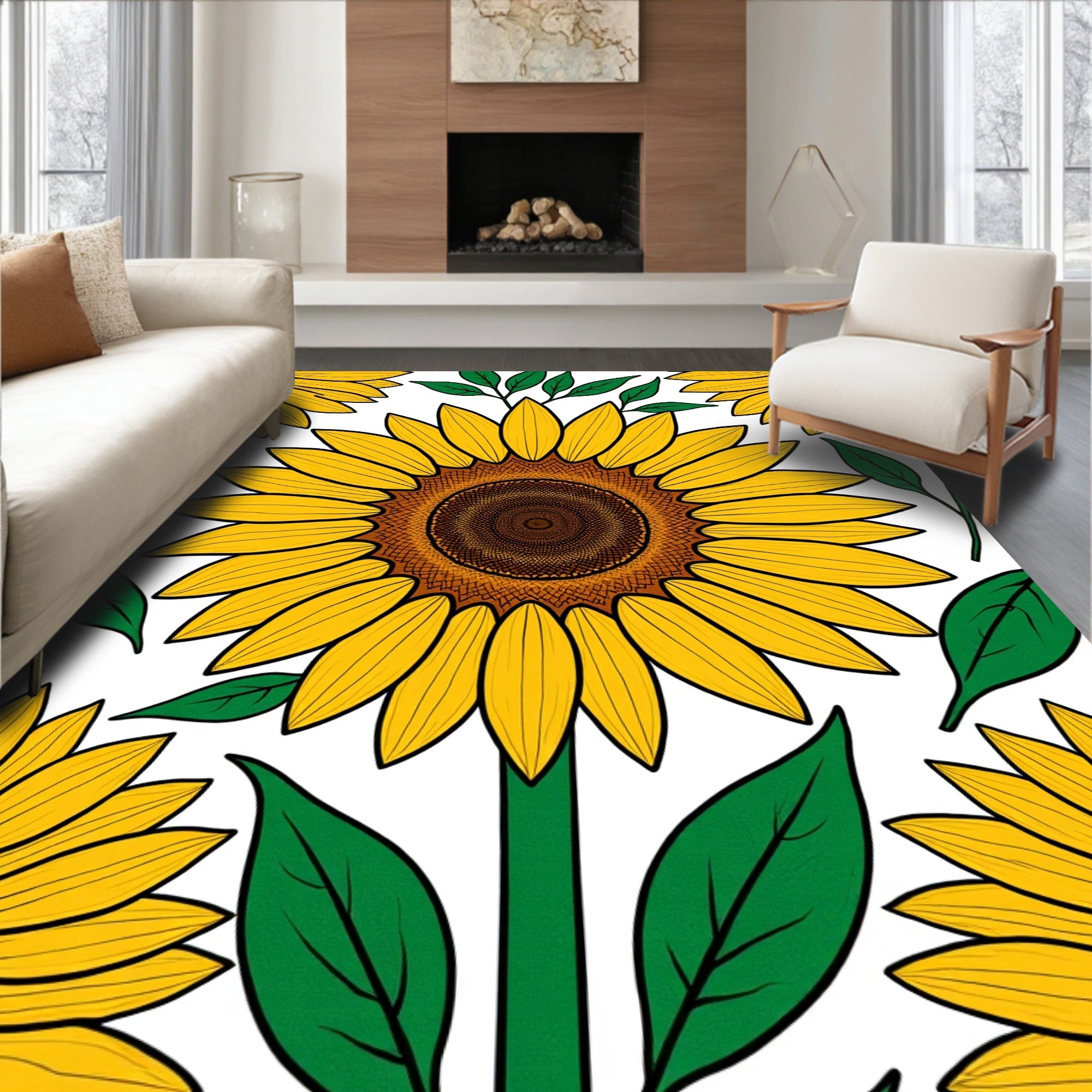 Sunny Yellow Flowers Green Leaves Pattern Rug