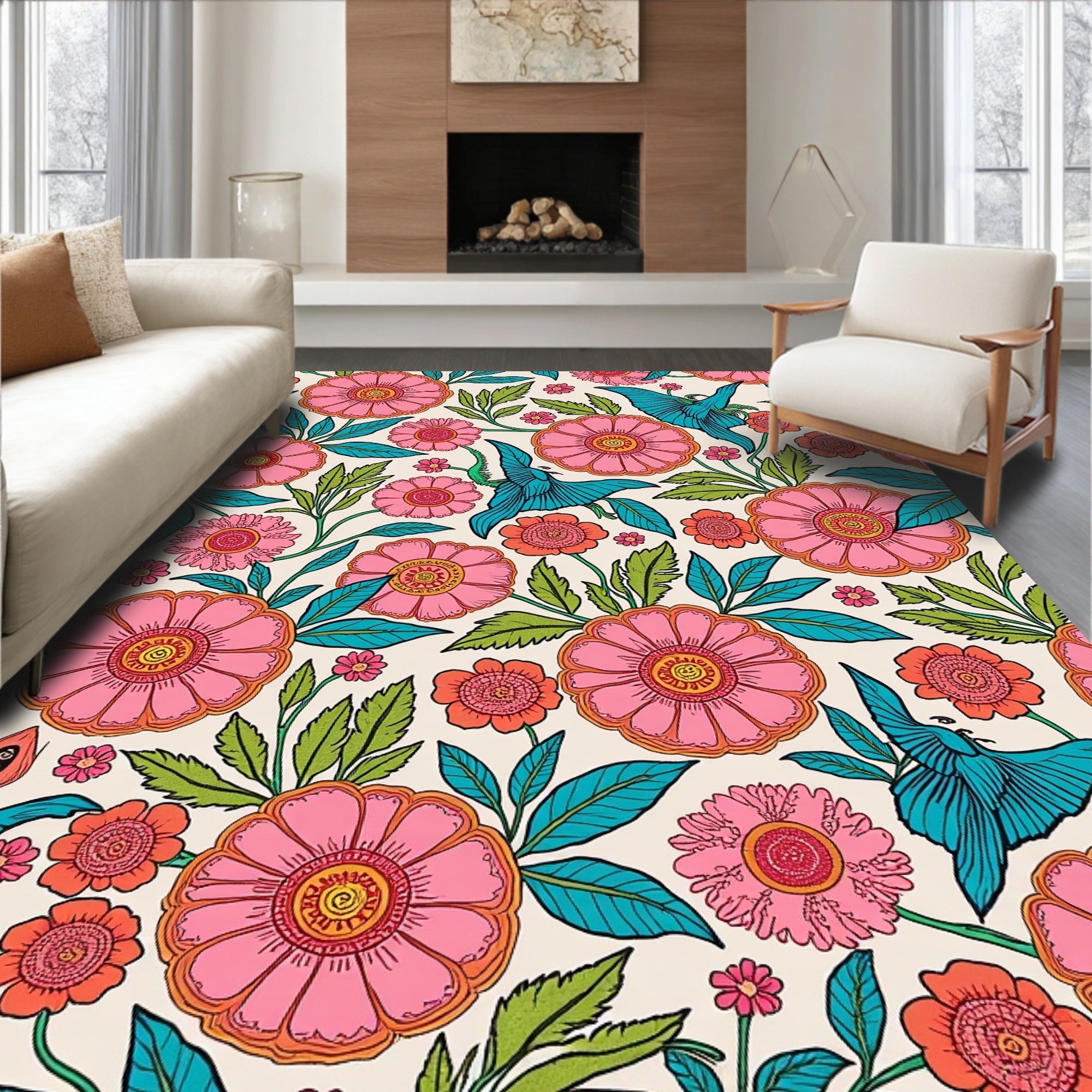 Pink Floral Bird Garden Pattern Rug