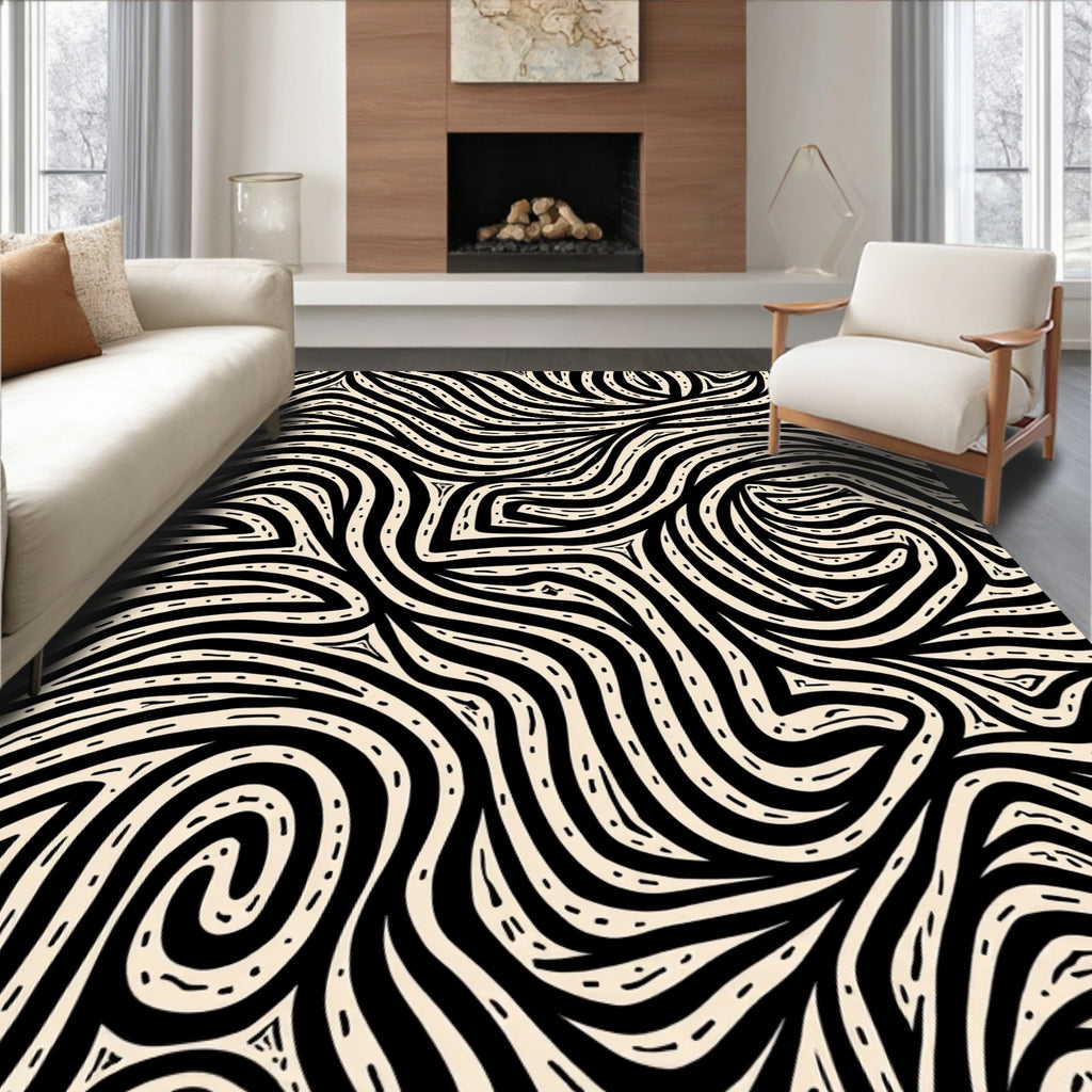 Abstract Black Cream Swirl Pattern Rug