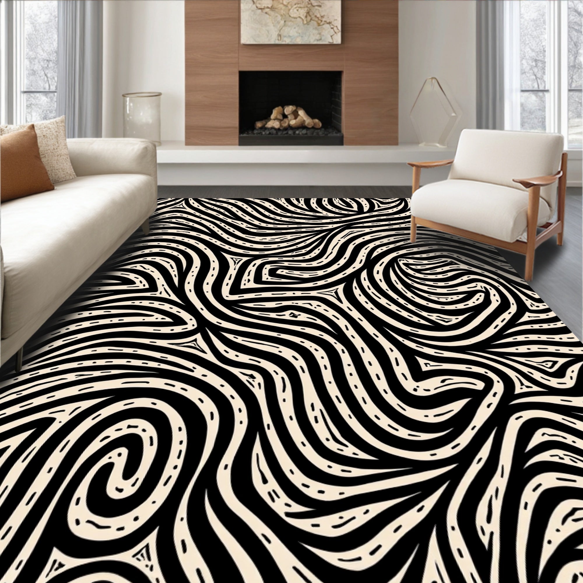 Abstract Black Cream Swirl Pattern Rug