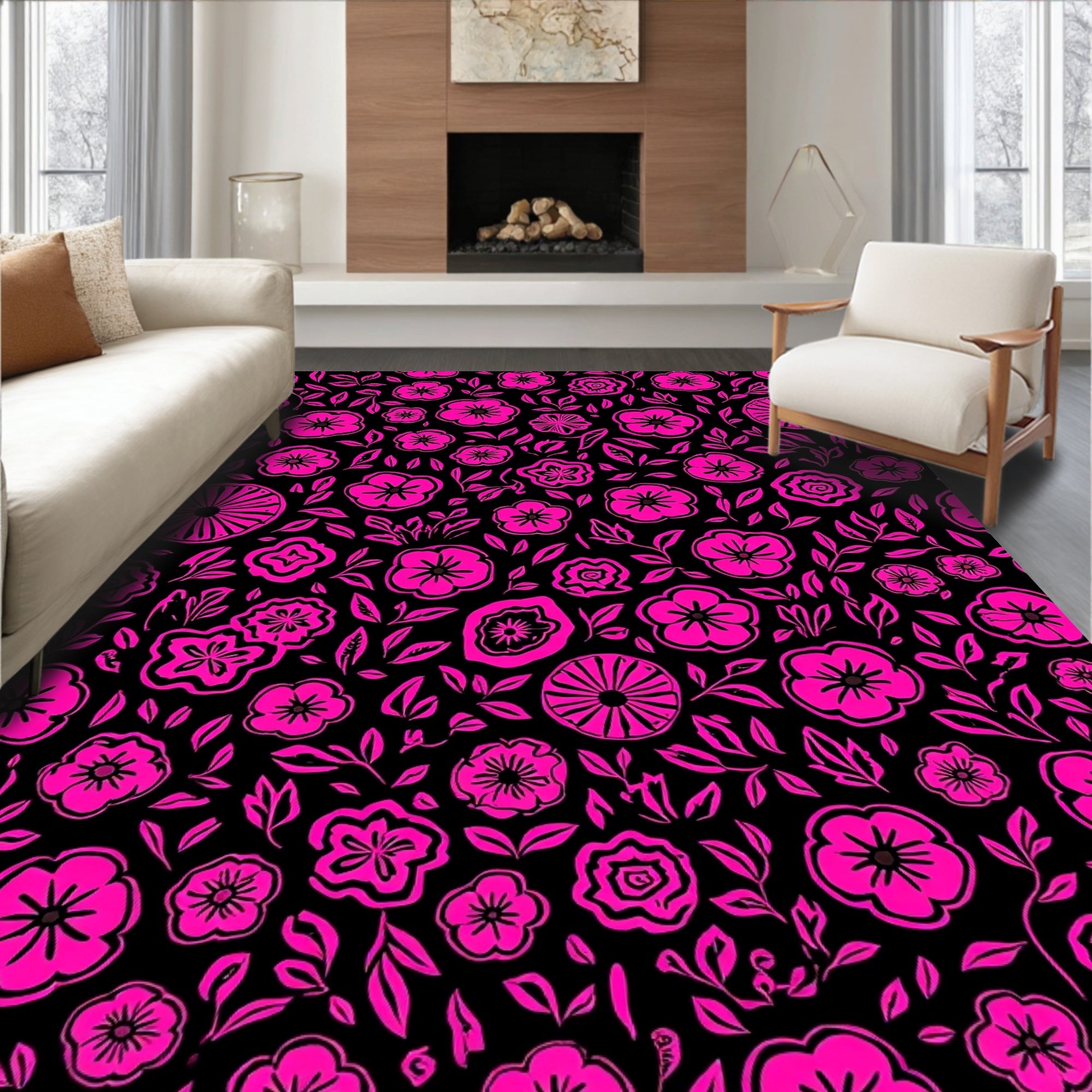 Bold Pink Floral Pattern Rug