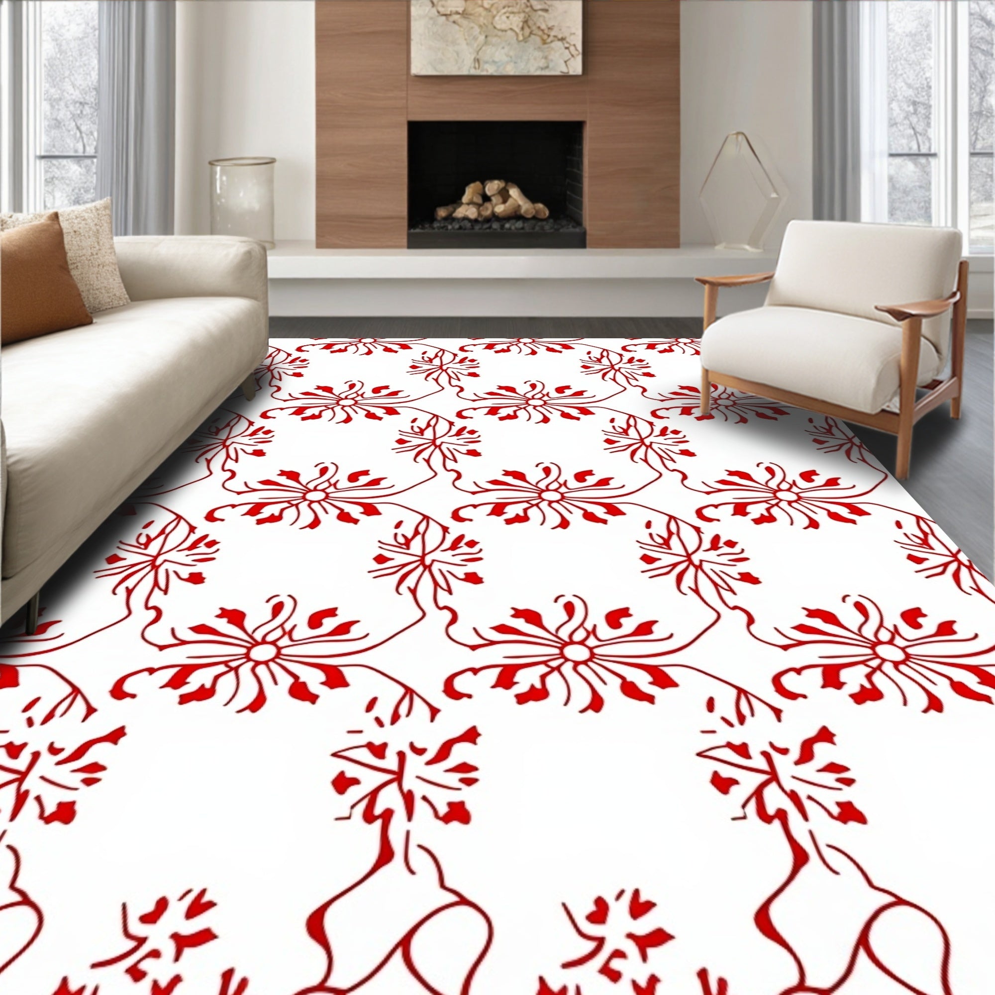 Stylized Red Floral Vine Pattern Rug