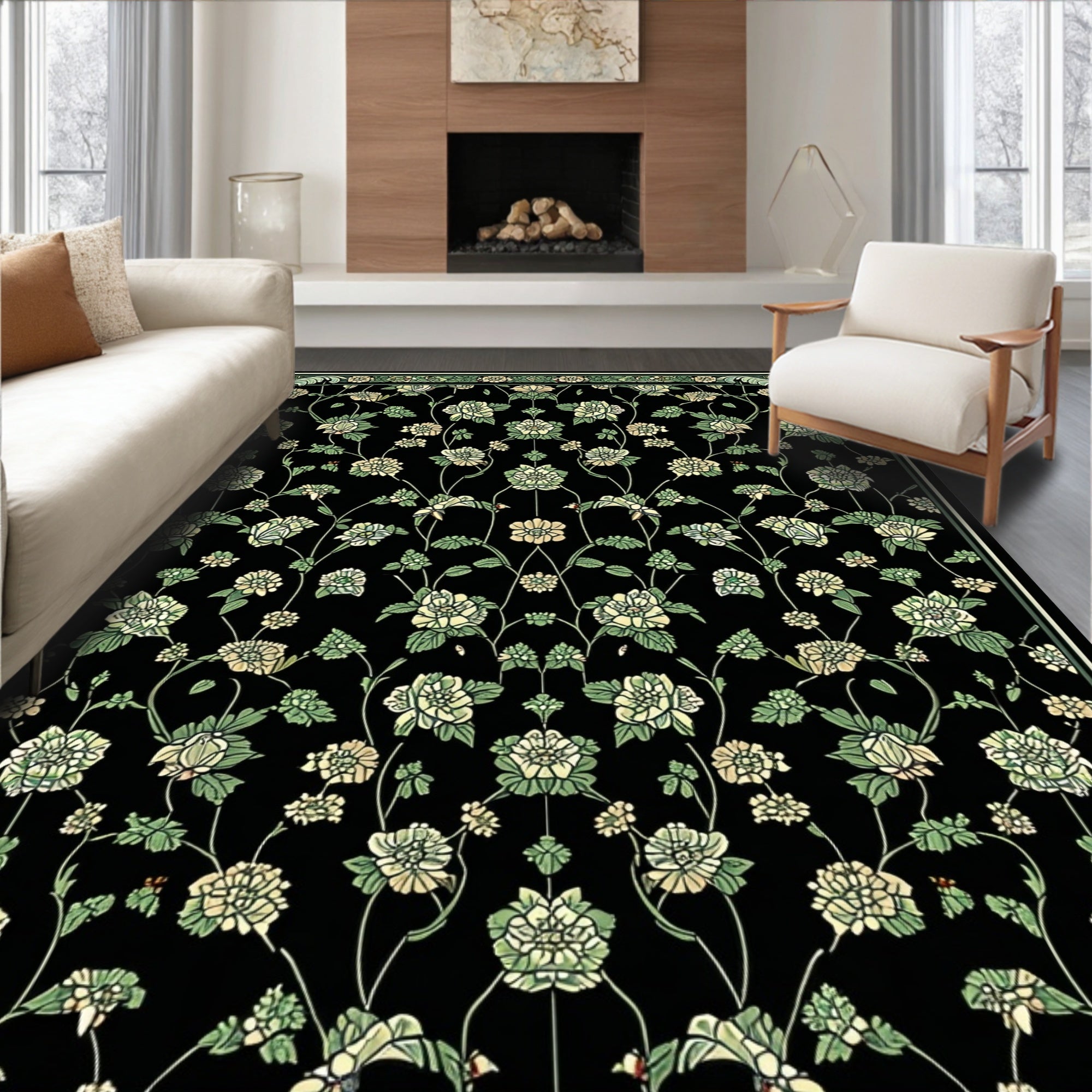 Ornate Black Floral Vine Pattern Rug