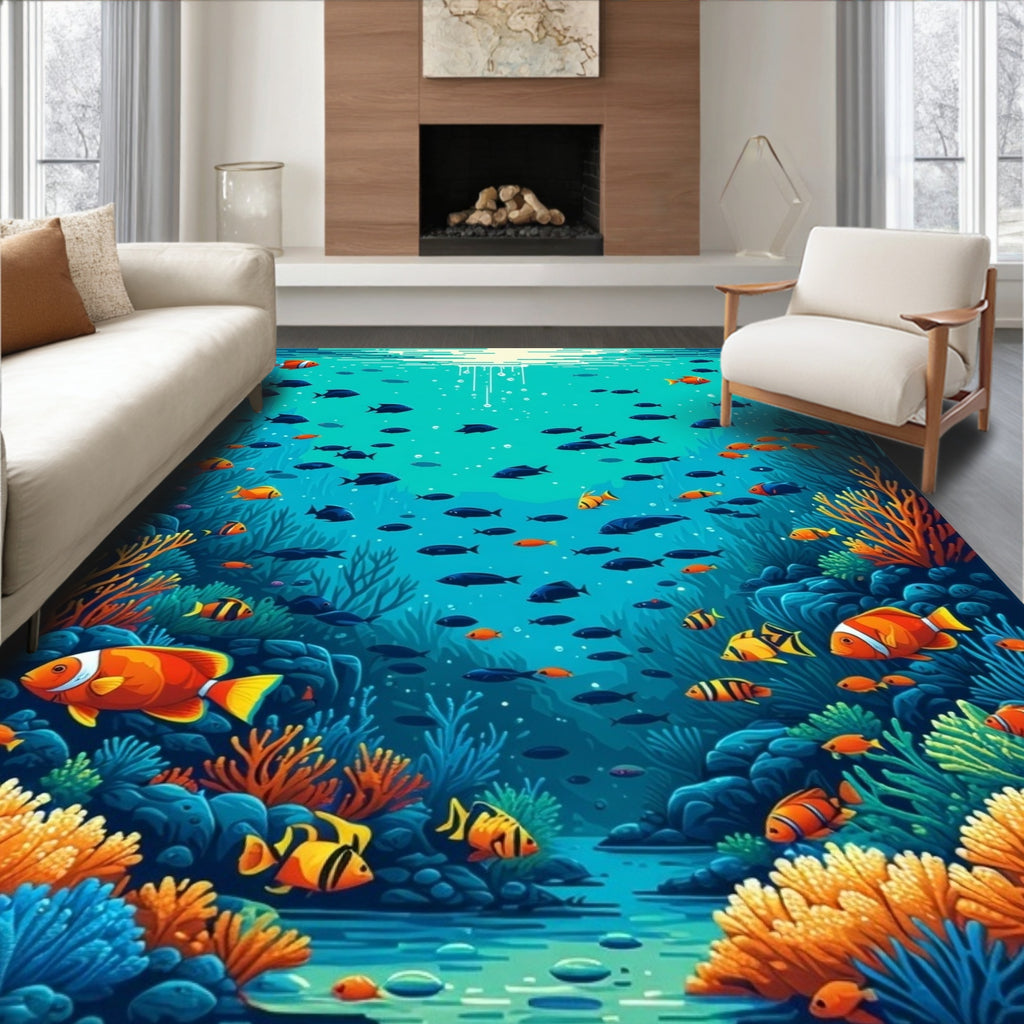 Vibrant Aquatic Coral Fish Pattern Rug
