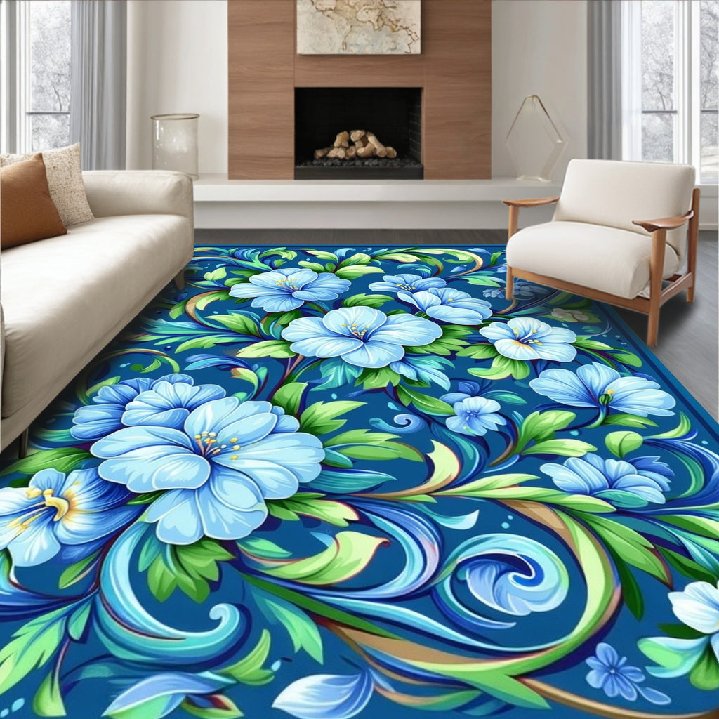 Elegant Blue Floral Swirl Pattern Rug