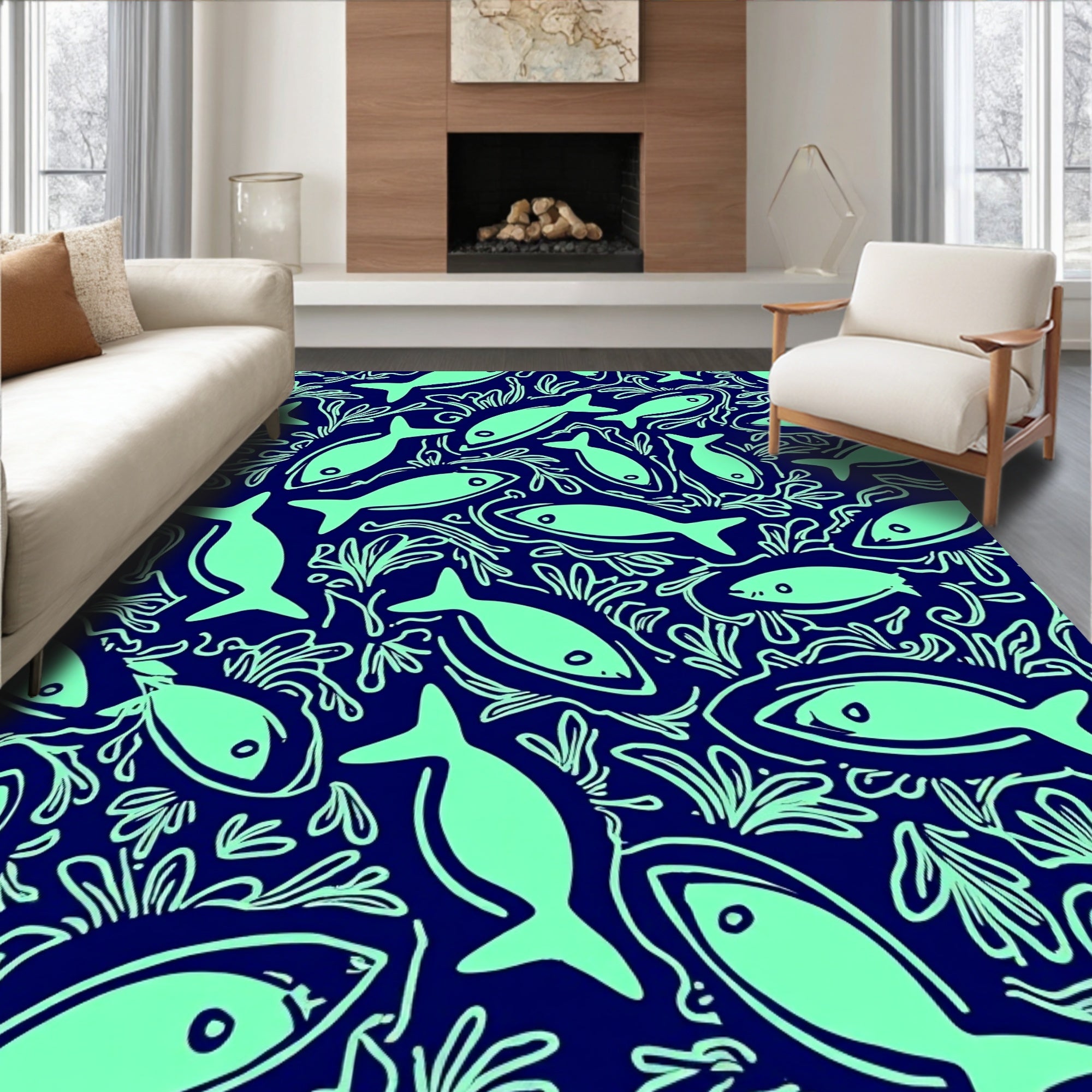 Aquatic Life Blue Pattern Rug
