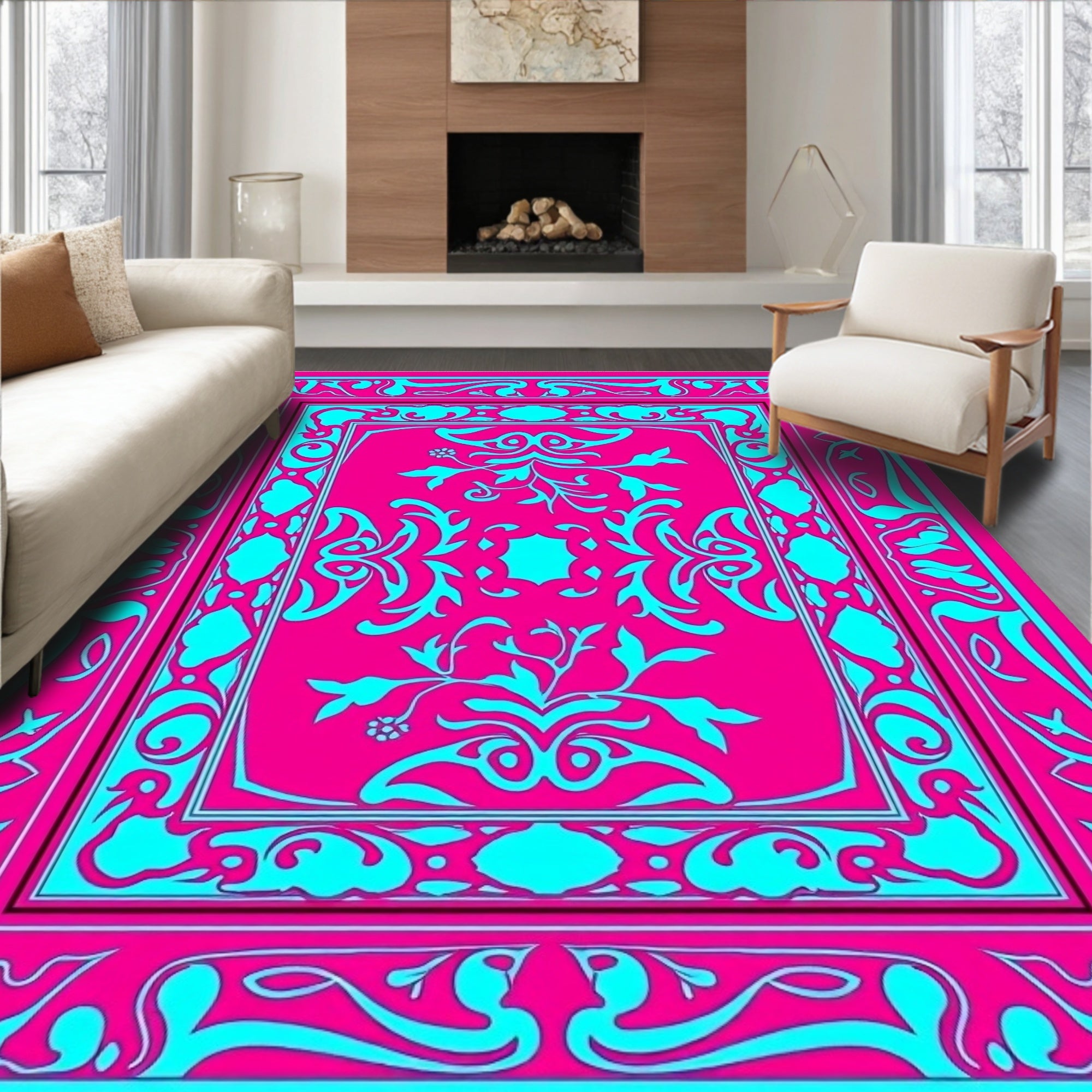 Vibrant Pink Cyan Floral Border Rug