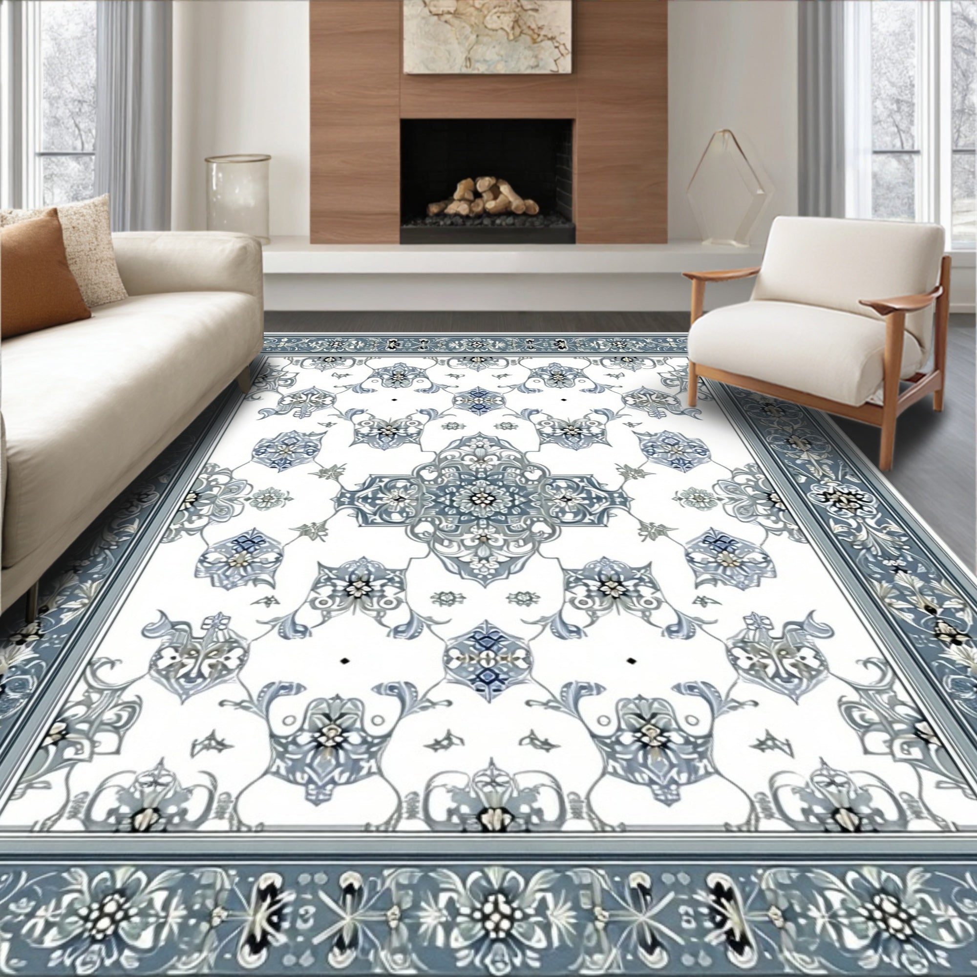 Ornate Blue Gray Floral Motif Rug