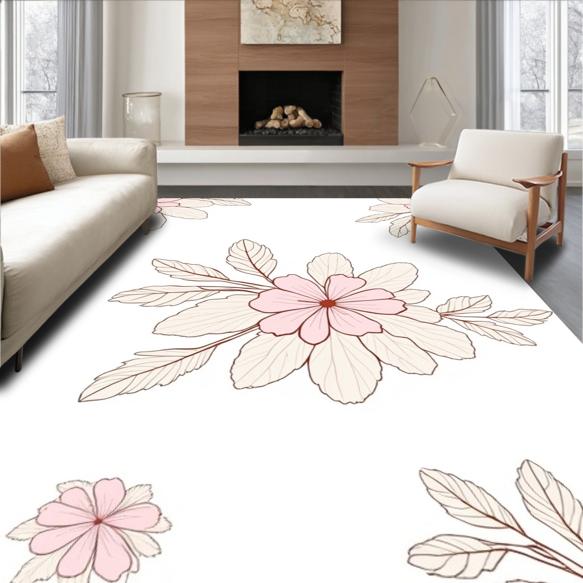 Delicate Pink Floral Outline Pattern Rug