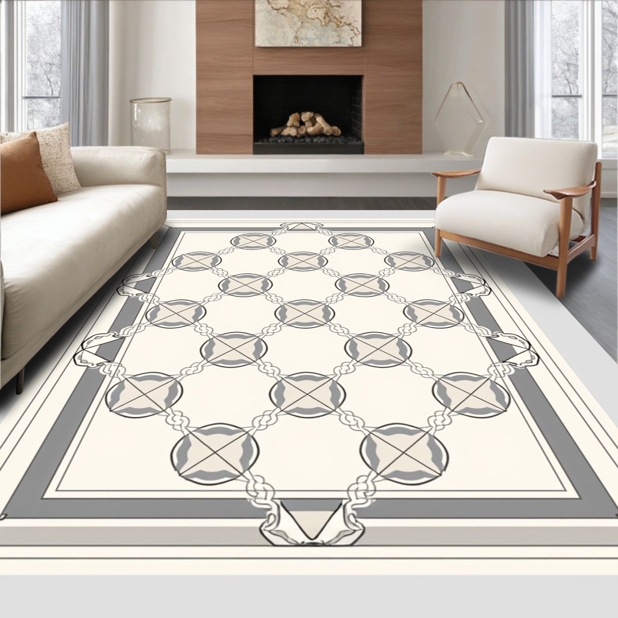Geometric Floral Interlocking Border Design Rug
