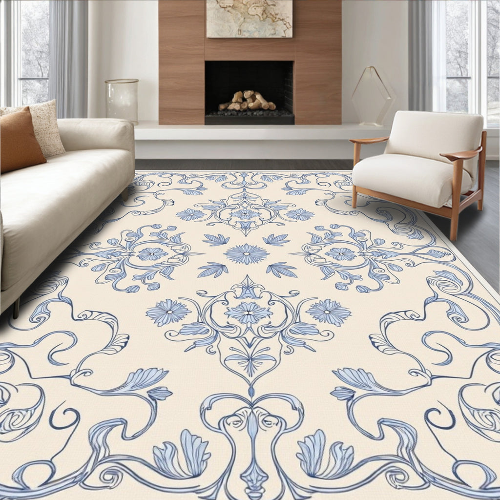 Blue Floral Symmetry Patterned Rug