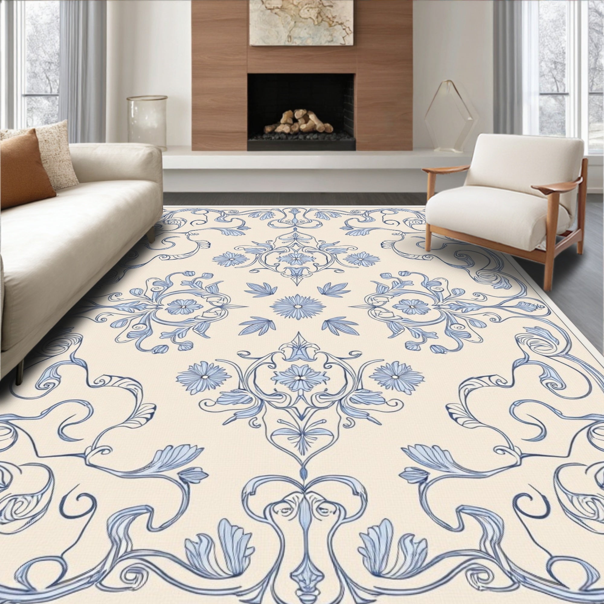 Blue Floral Symmetry Patterned Rug