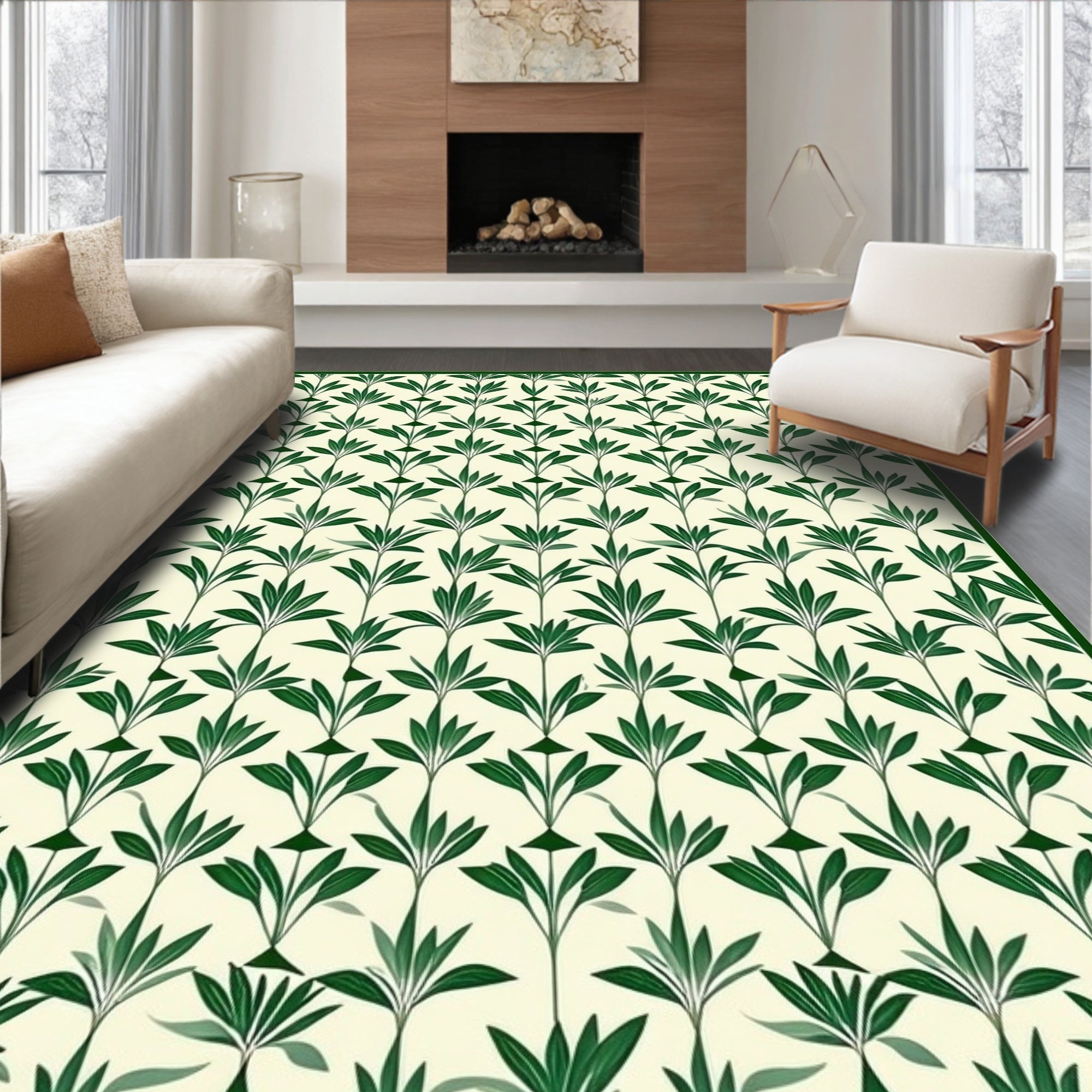 Green Leafy Branch Pattern Design Rug