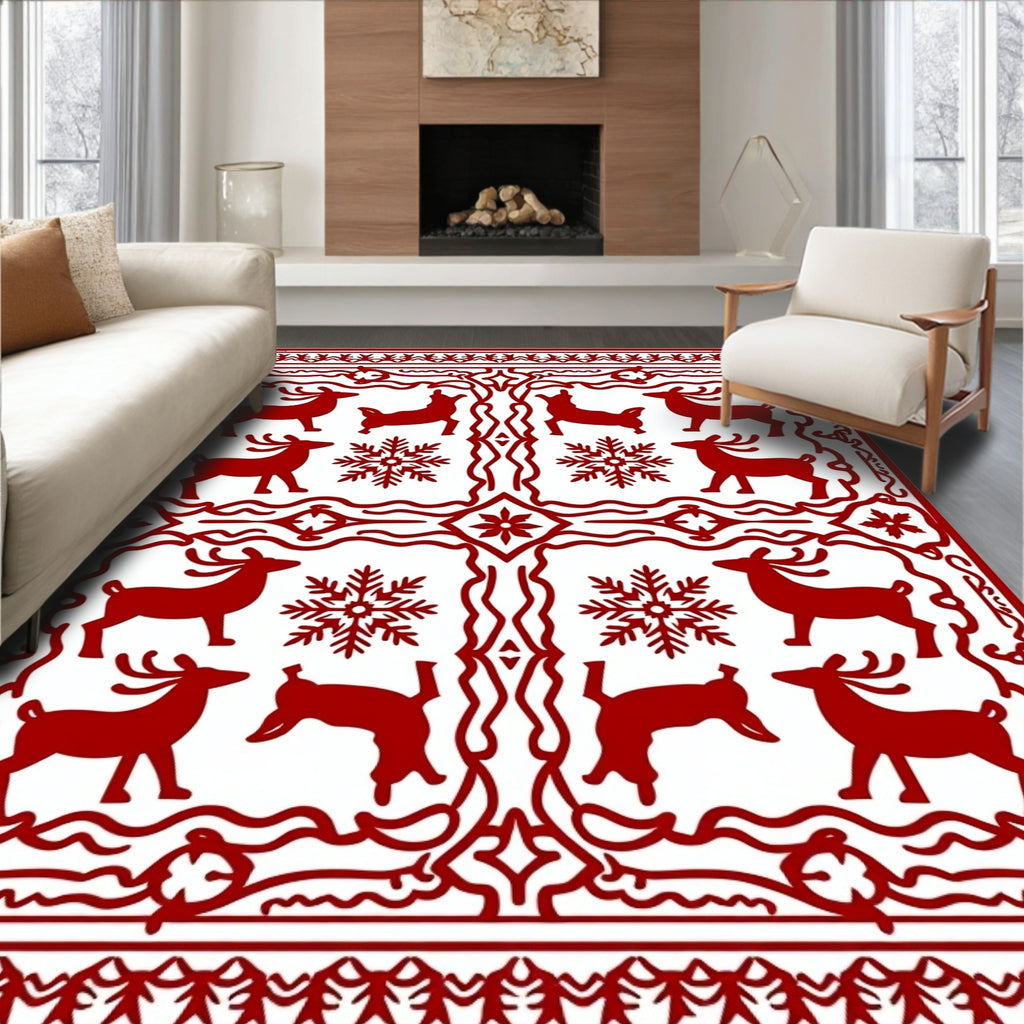 Red Deer Snowflakes Festive Border Rug