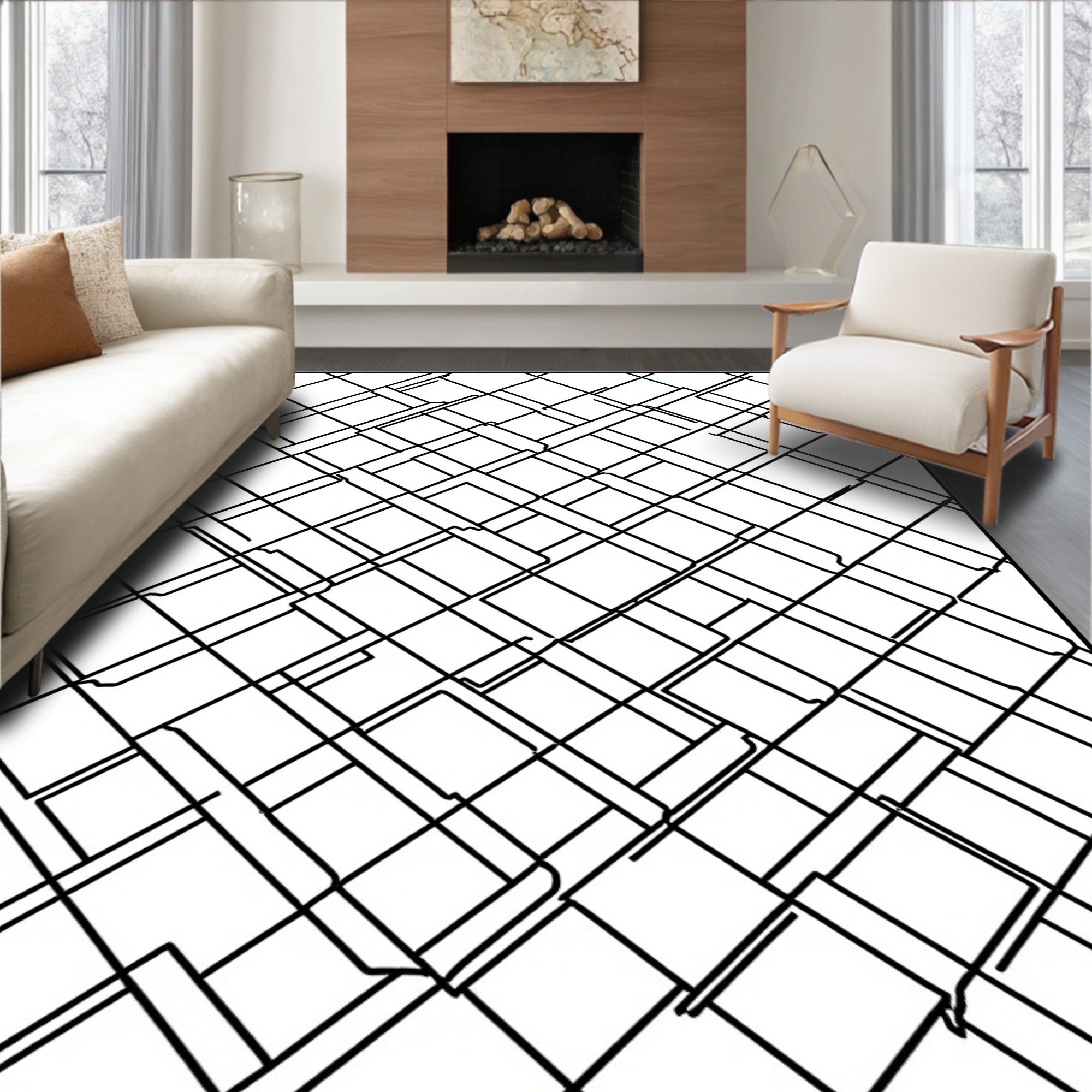Diagonal Grid With Broken Lines Pattern Rug