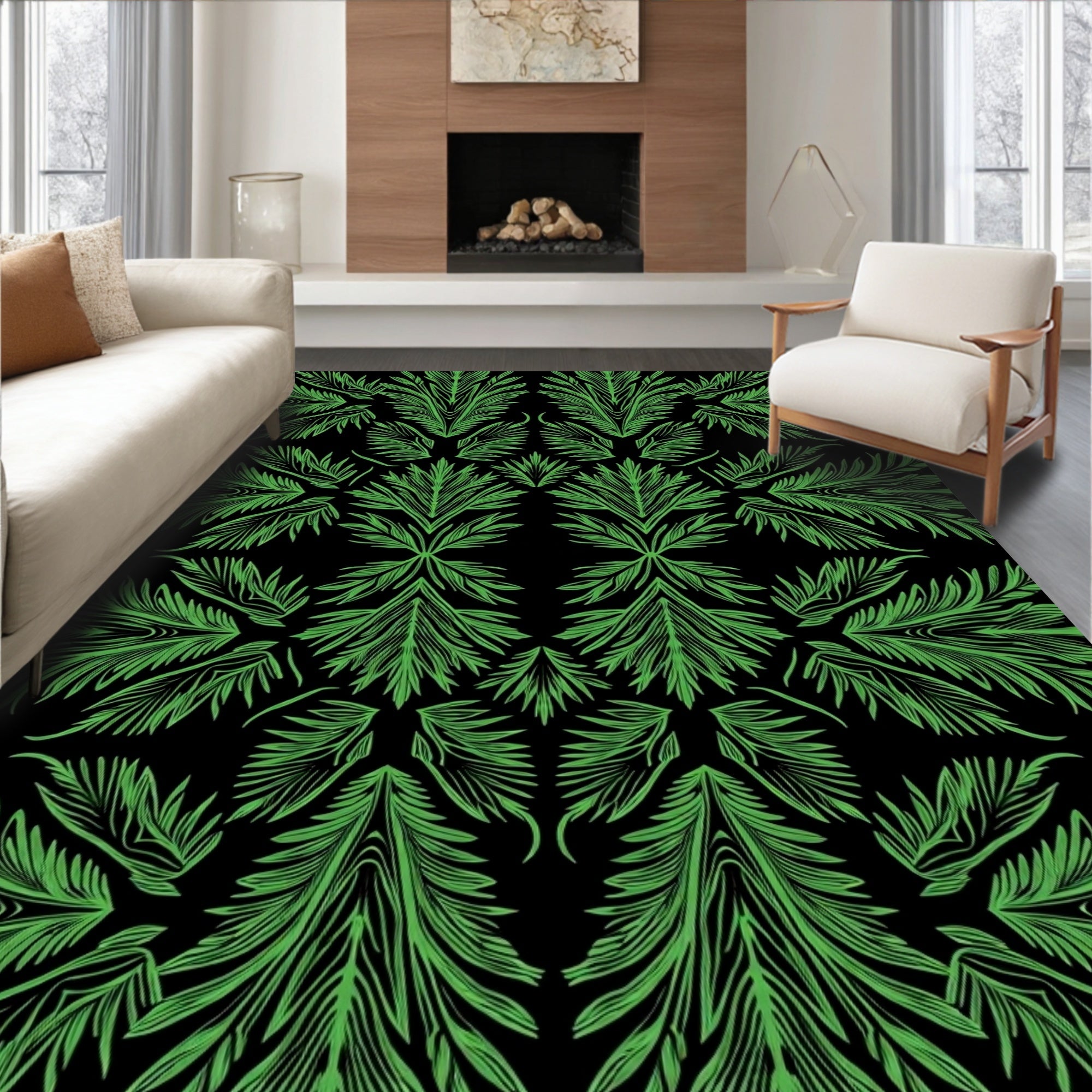 Emerald Green Tropical Leaf Symmetry Rug