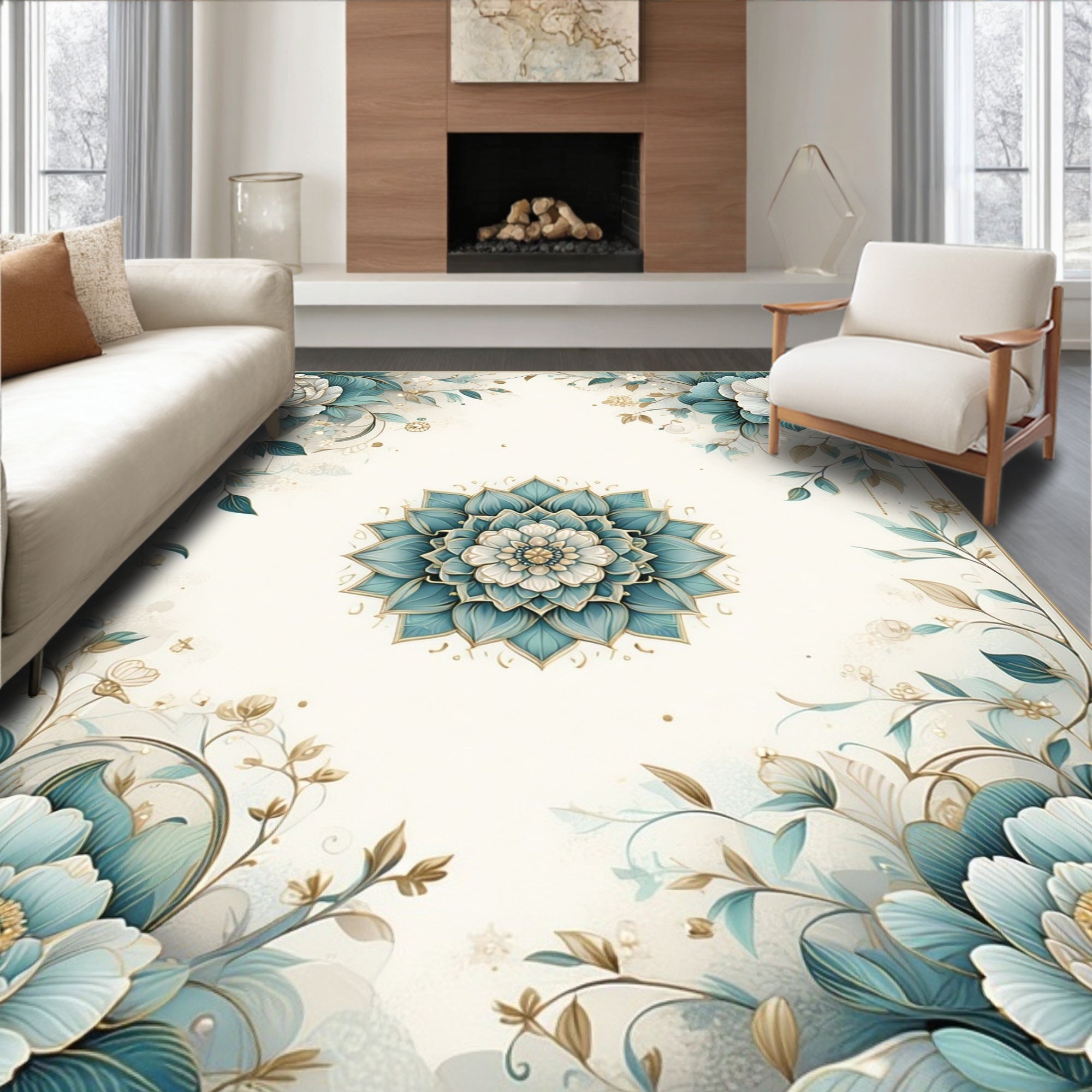 Floral Mandala Art on Cream Background Rug