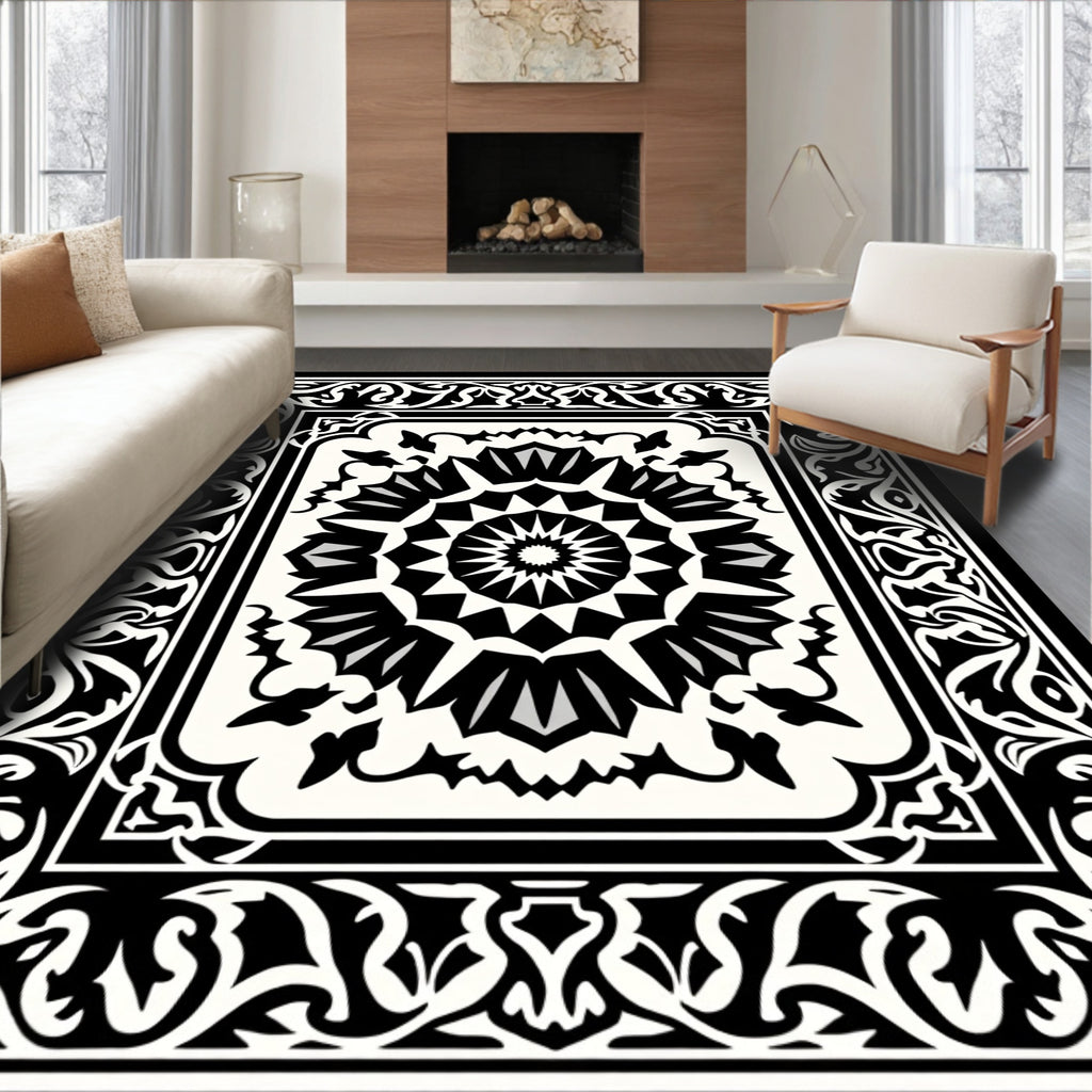 Intricate Black White Floral Mandala Design Rug