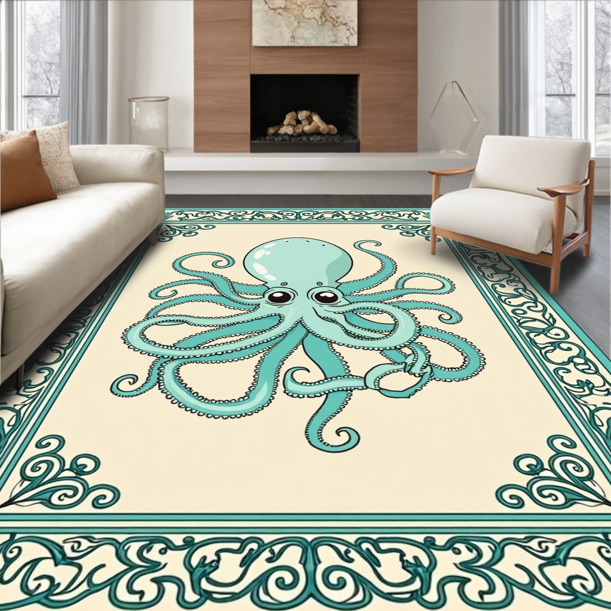 Teal Octopus Whimsical Border Design Rug