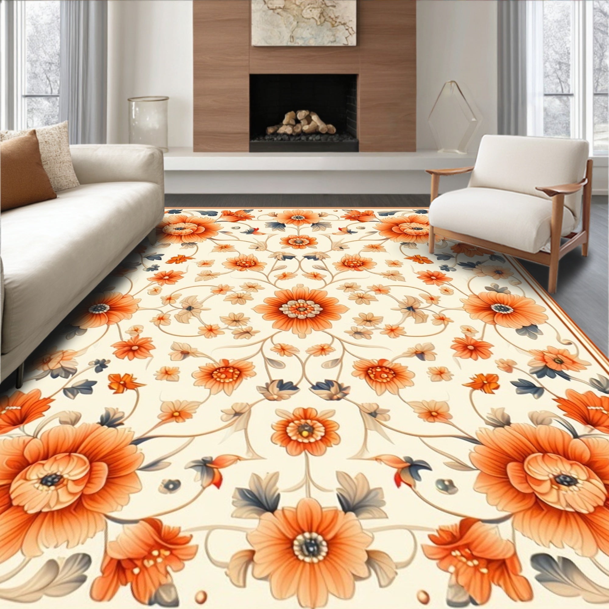 Orange Floral Vine Intricate Pattern Rug