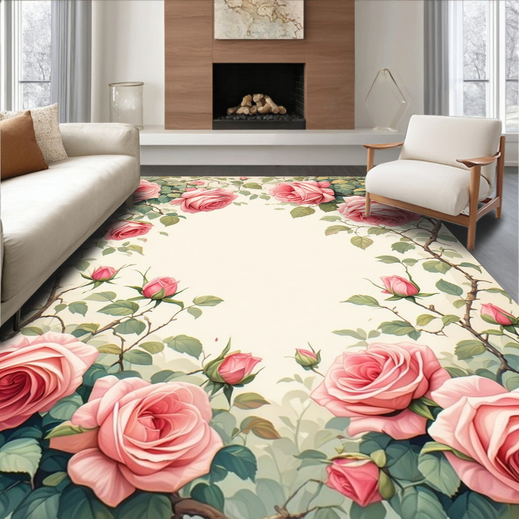 Romantic Pink Roses Floral Vine Design Rug