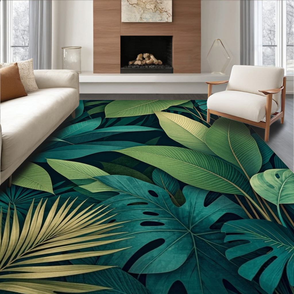Lush Green Tropical Leaf Art Rug