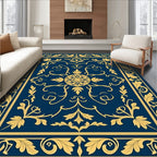 Deep Blue Golden Floral Medallion Border Rug