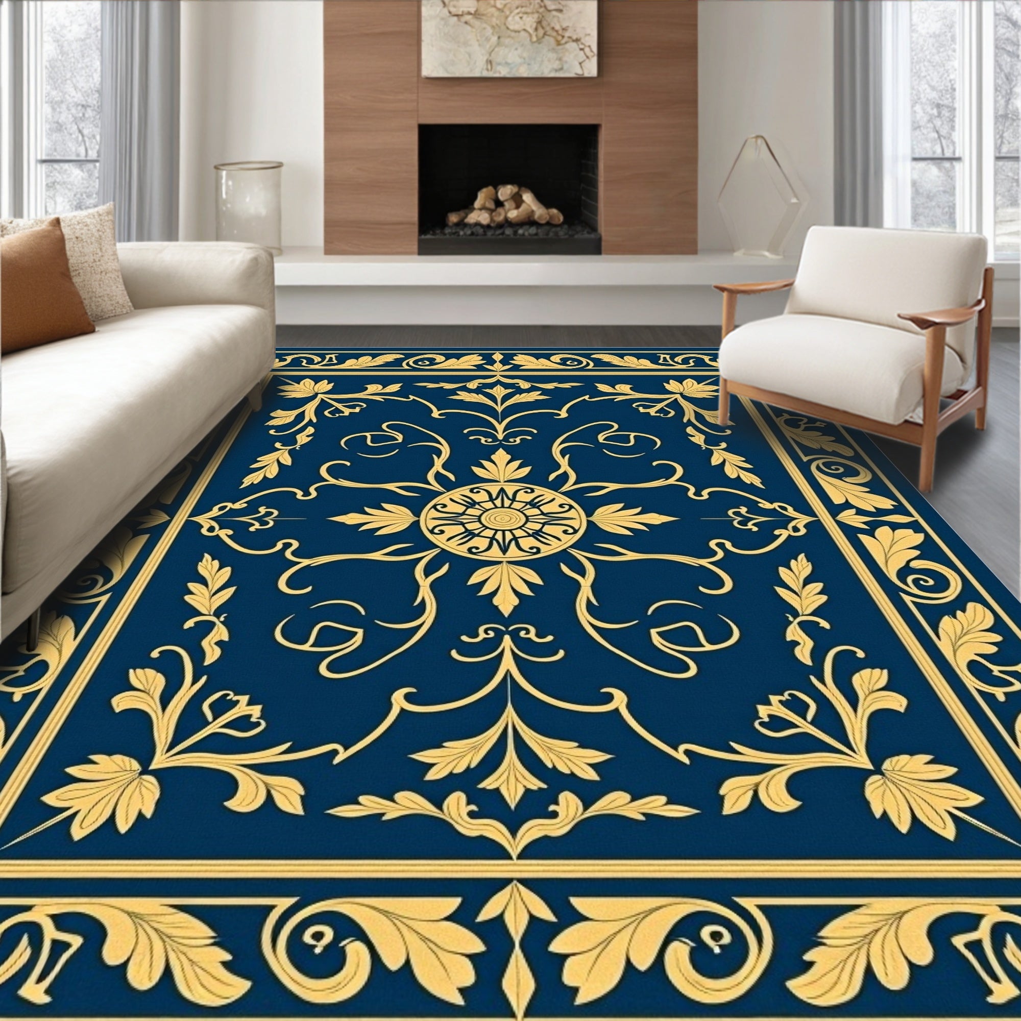 Deep Blue Golden Floral Medallion Border Rug
