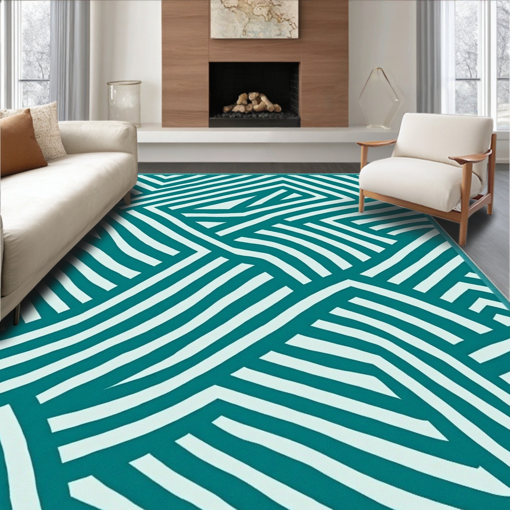 Teal White Intertwined Lines Rug
