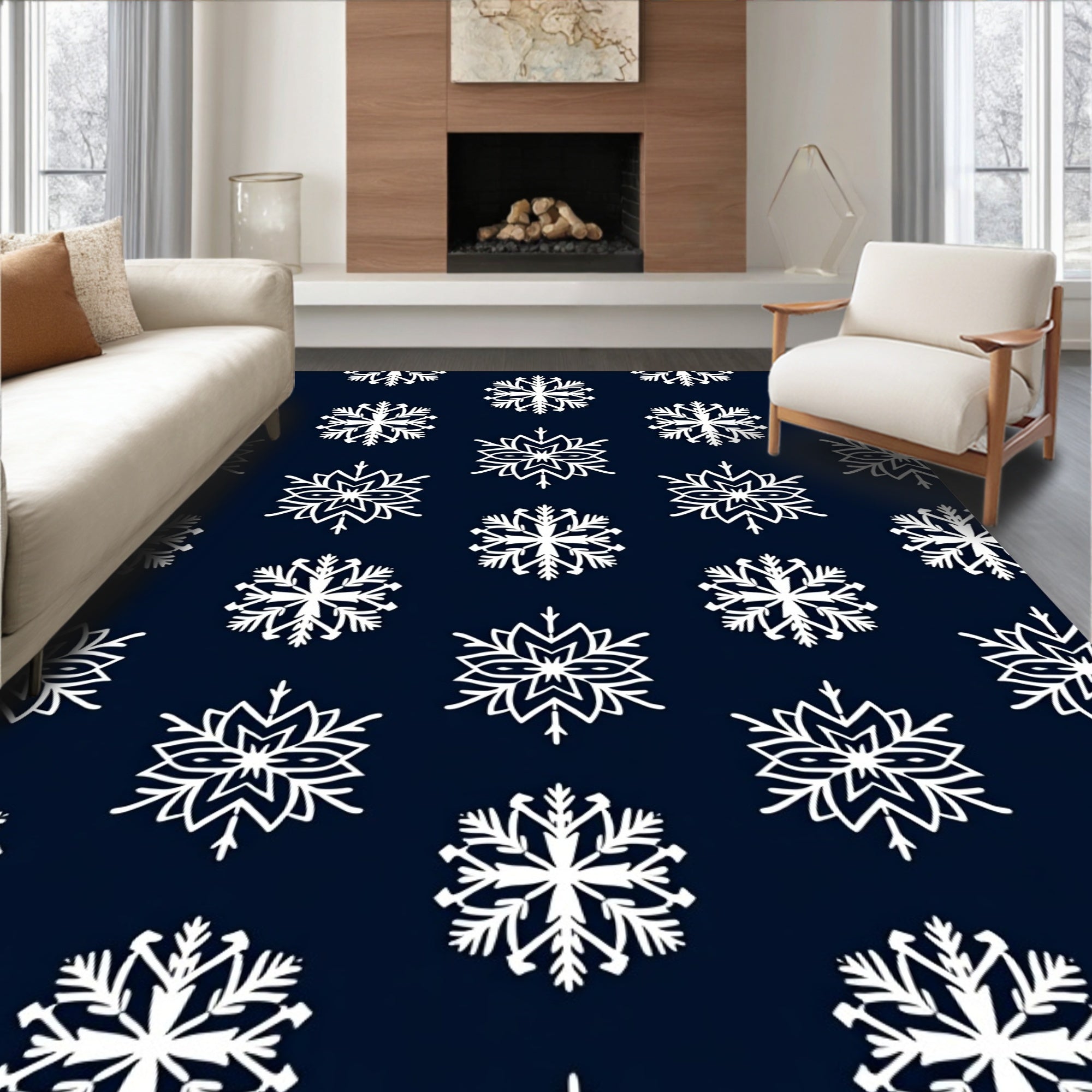 White Snowflake Navy Blue Repeat Rug