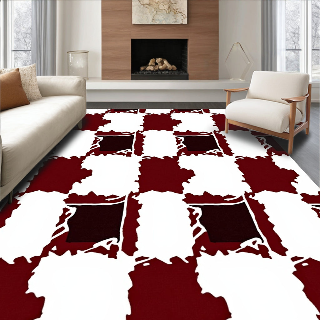 Deep Red and White Checkerboard Rug