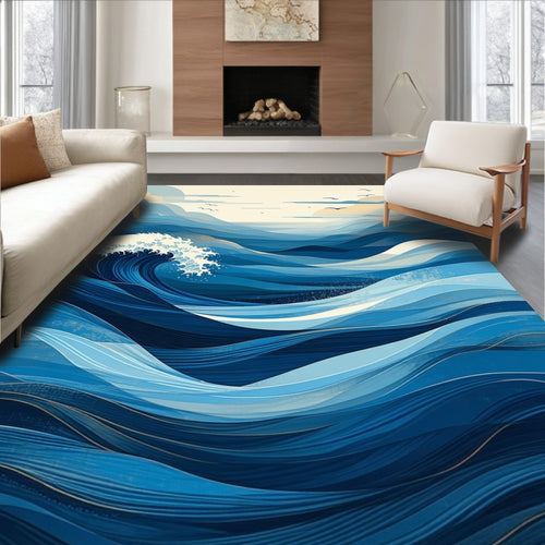 Abstract Blue Ocean Wave Pattern Rug