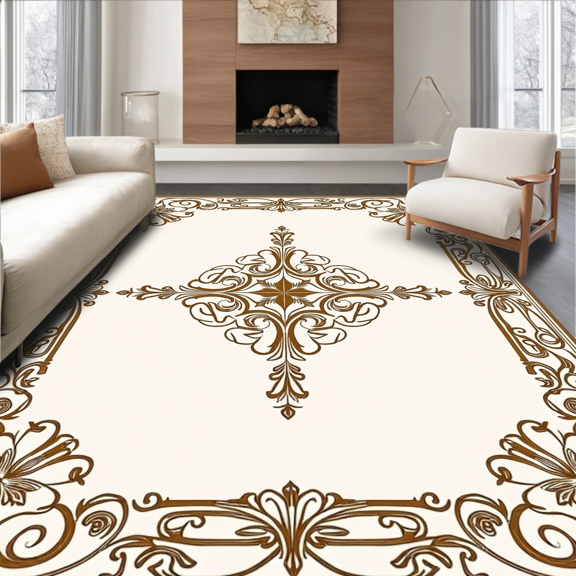 Ornate Brown Floral Medallion Pattern Rug