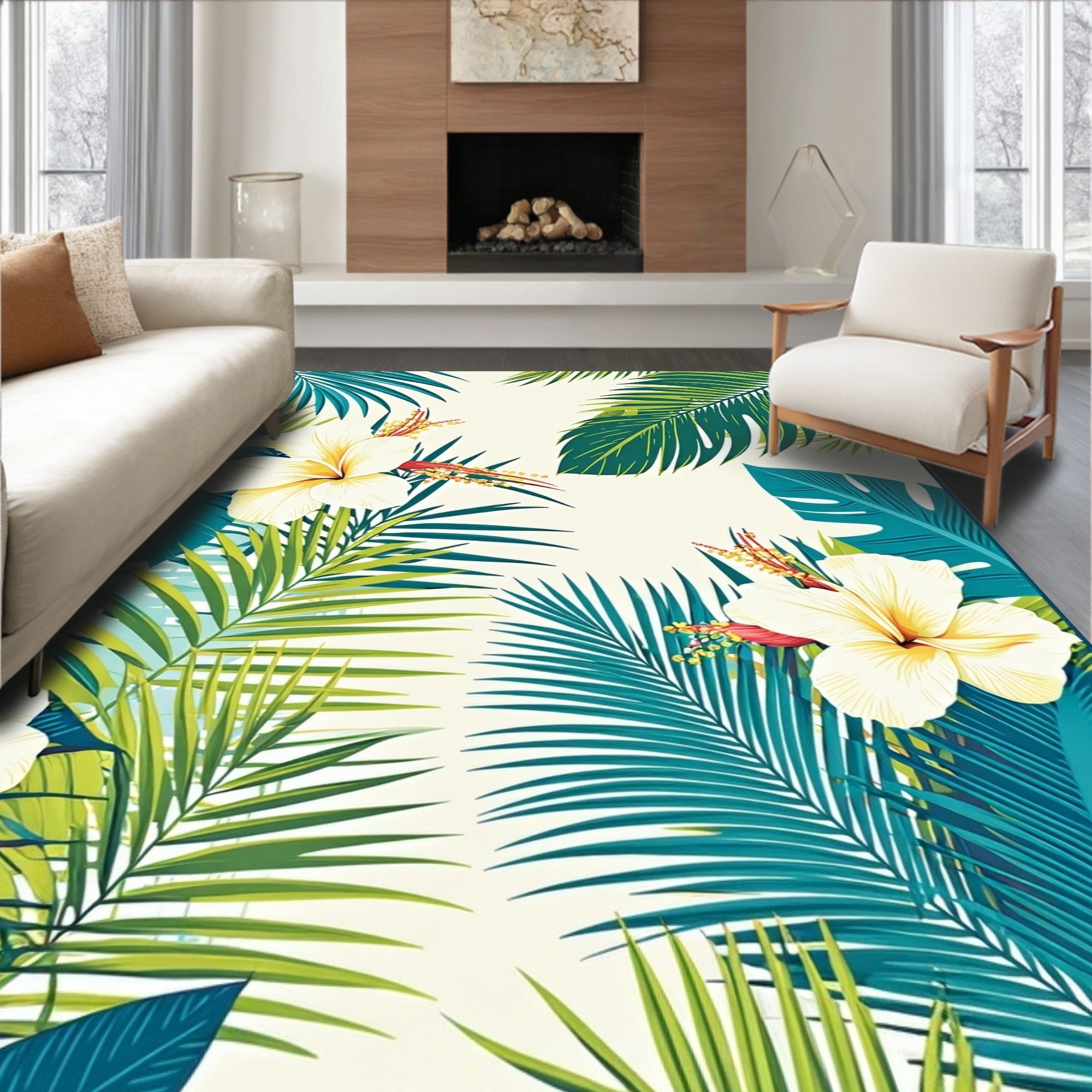 Tropical Hibiscus Palm Leaf Pattern Rug