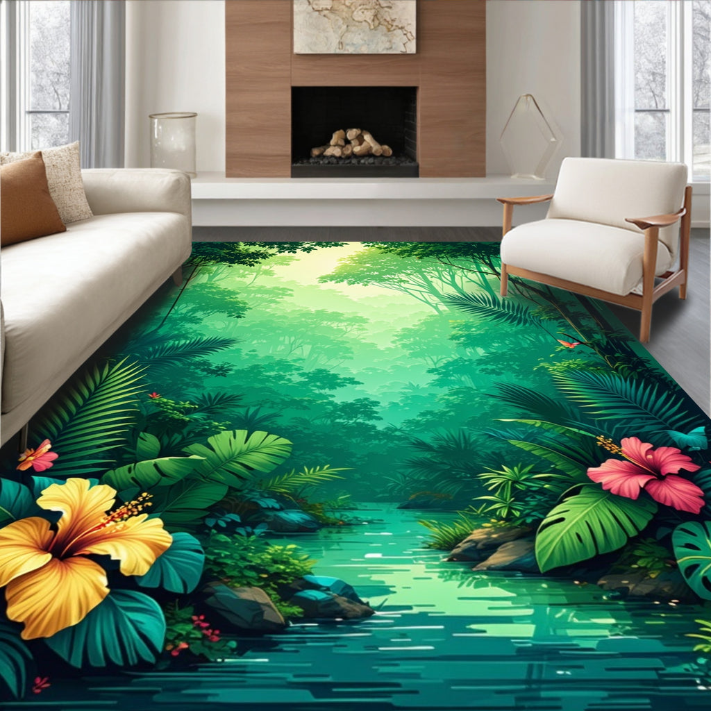 Lush Jungle River With Bright Blooms Rug