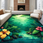 Lush Jungle River With Bright Blooms Rug
