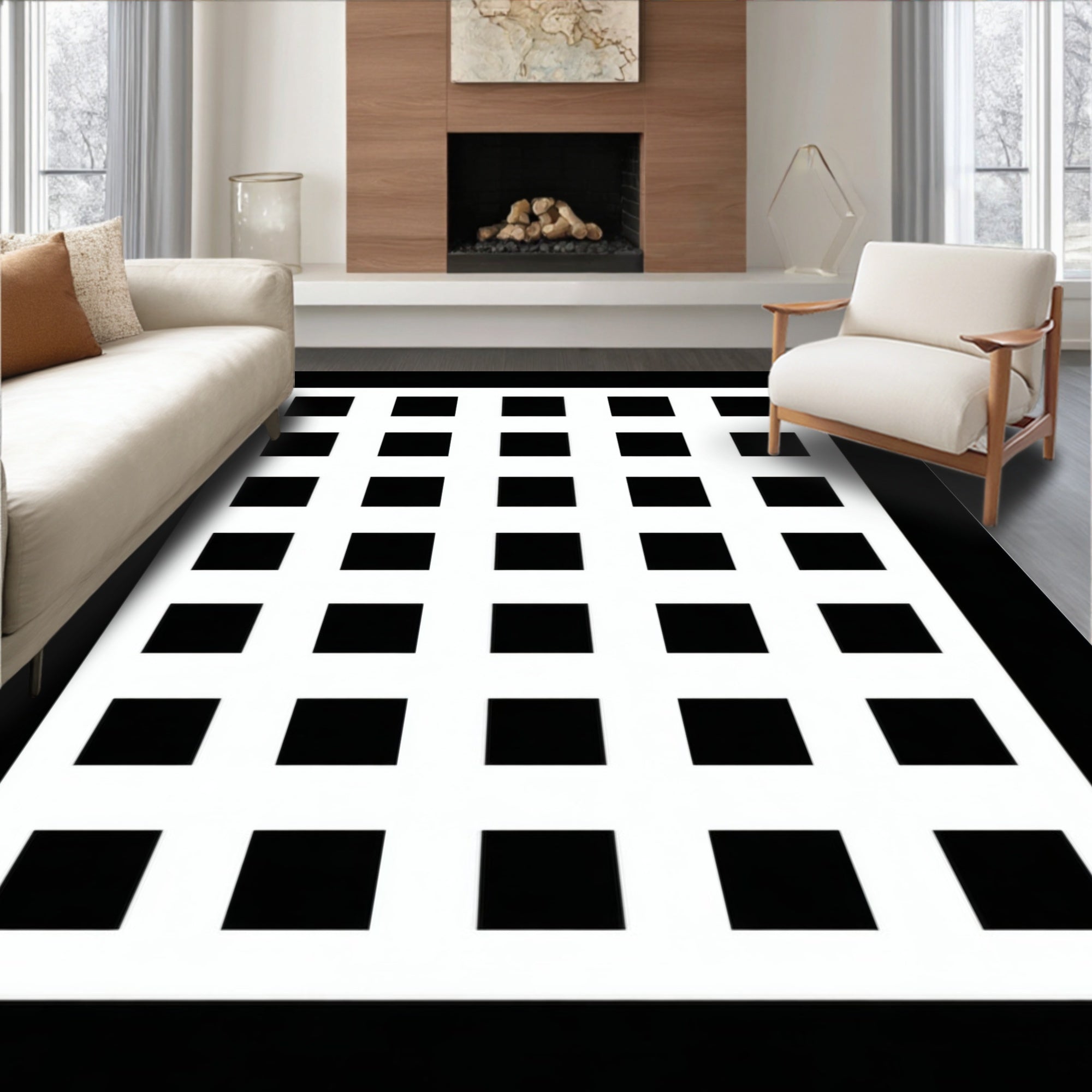 Bold Black White Grid Square Pattern Rug