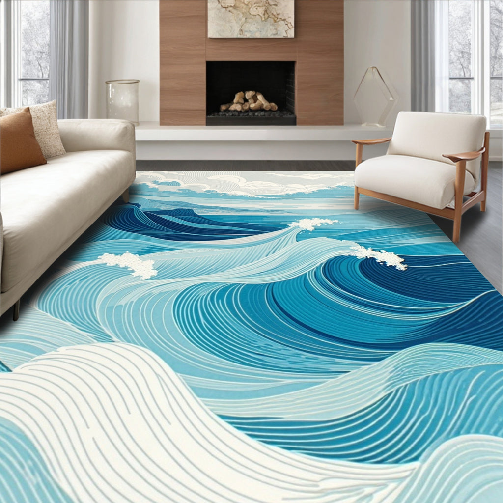 Seascape Waves Blue Scenic Design Rug