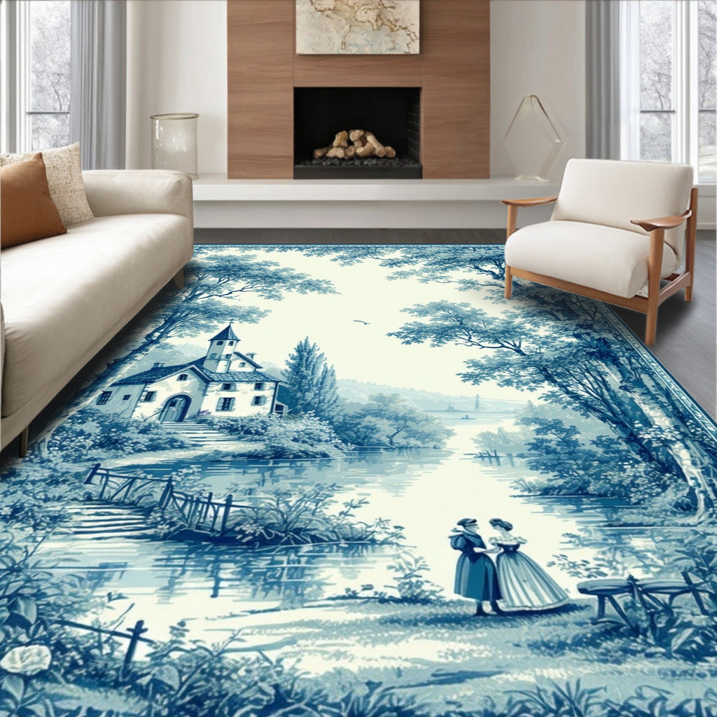 Blue Scenic Landscape Pastoral Scene Rug
