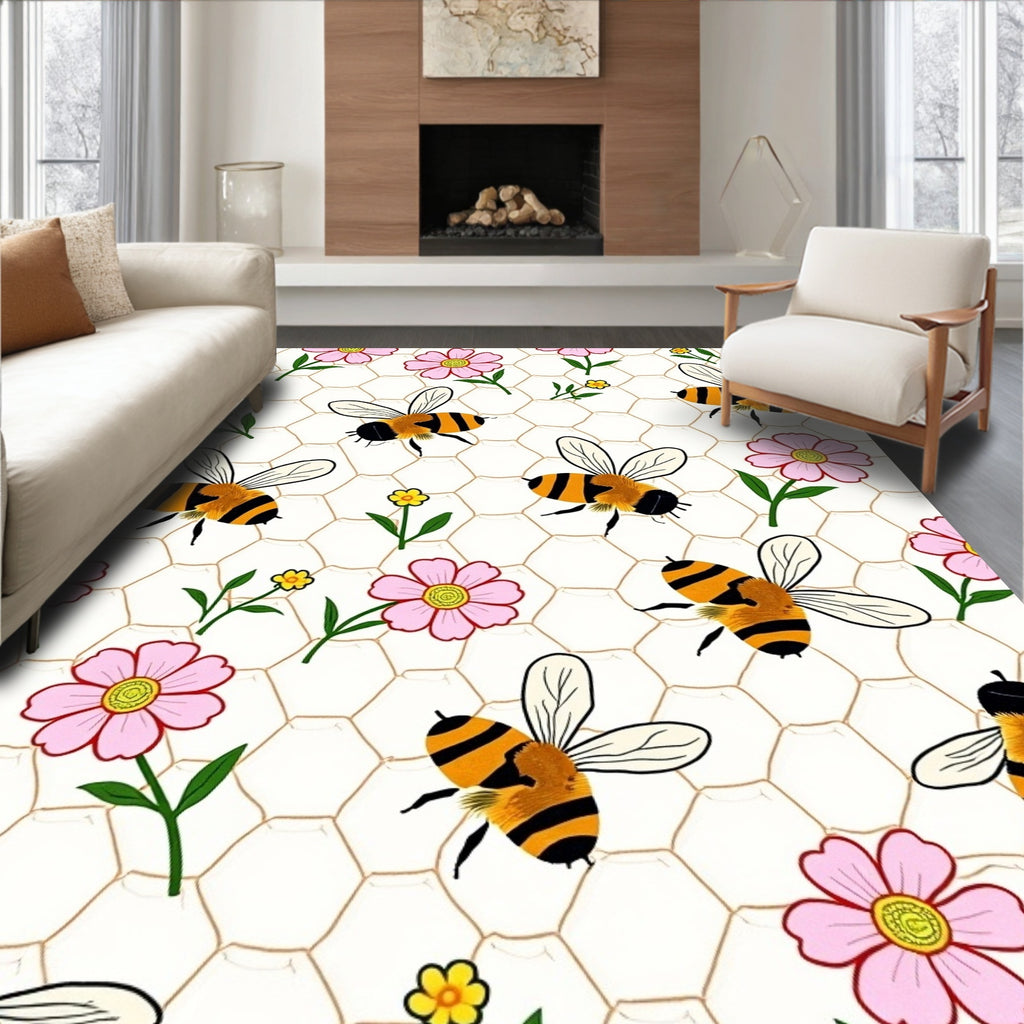 Cute Bumblebee And Flower Honeycomb Rug
