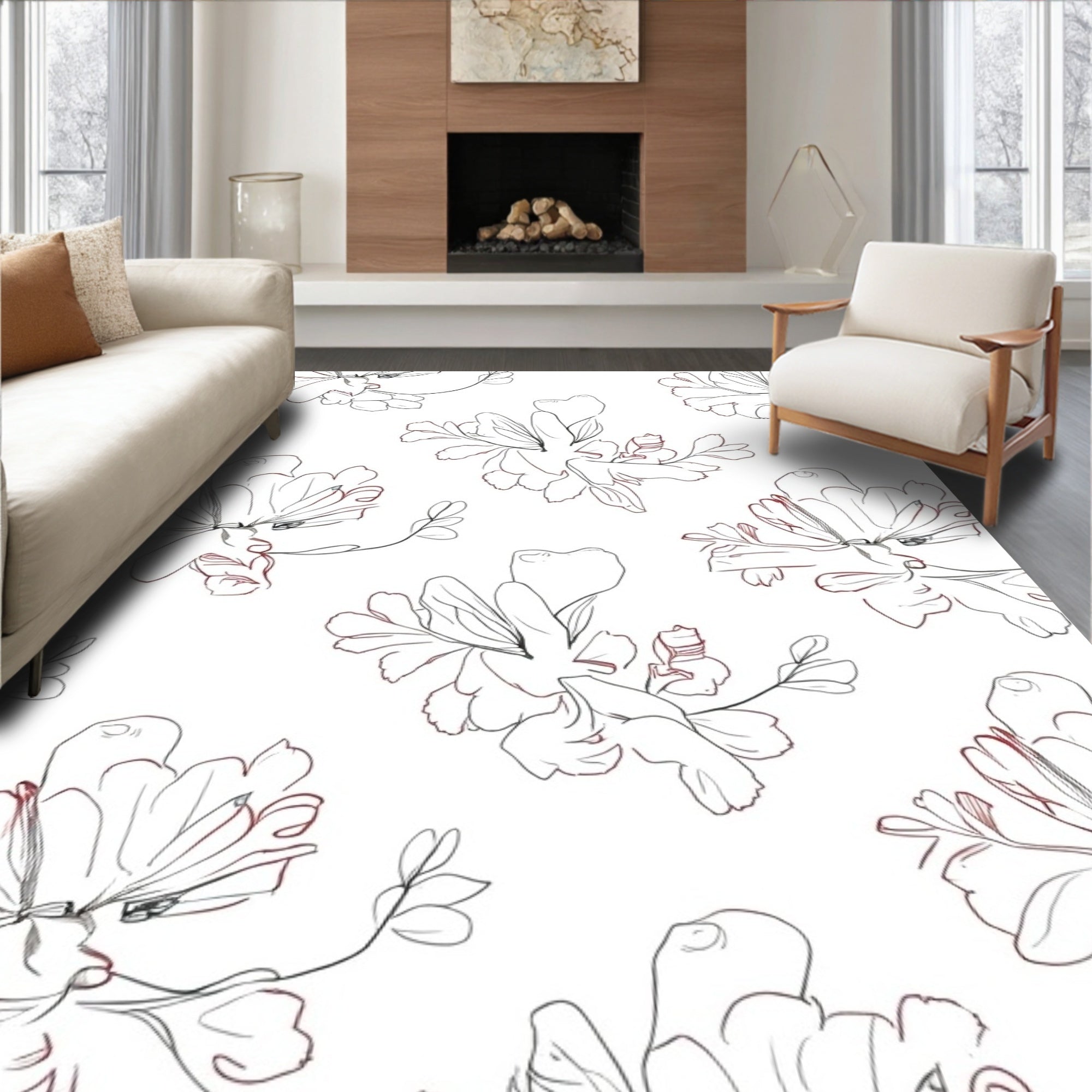 Delicate Floral Outline Botanical Design Rug