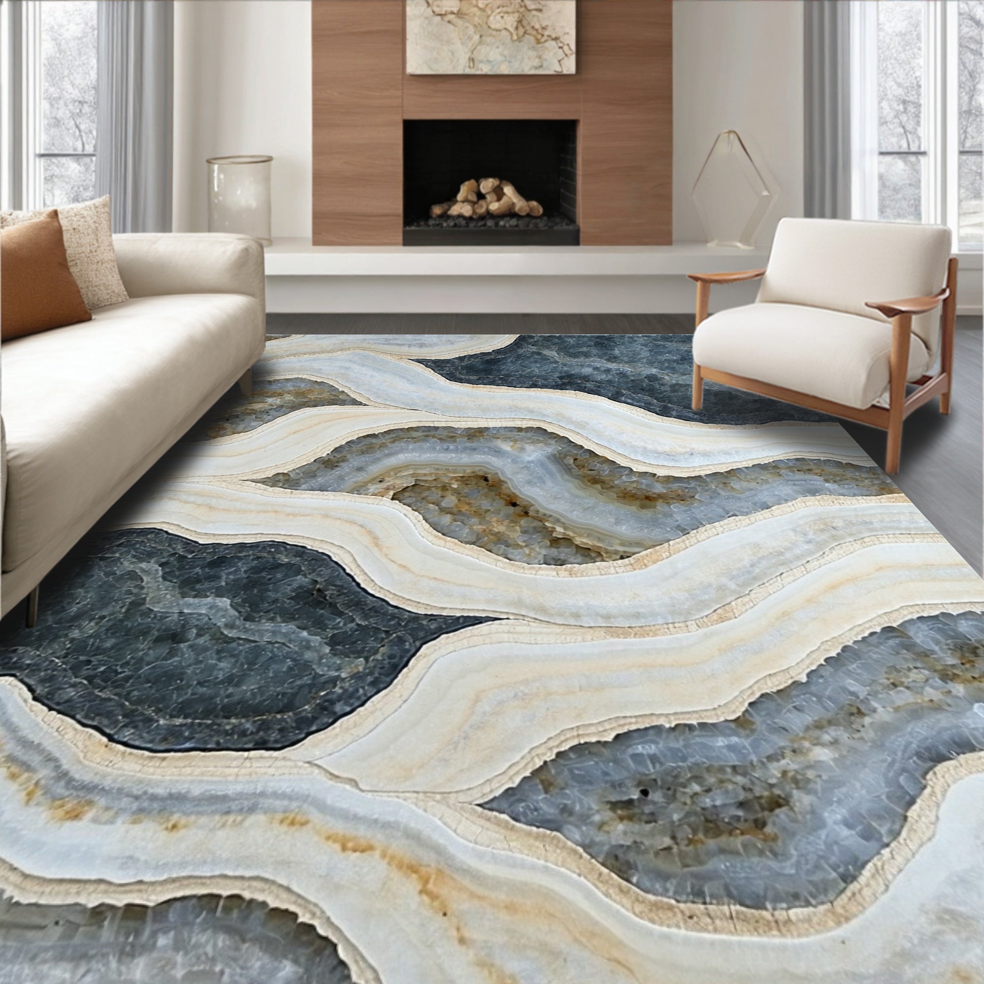 Abstract Wavy Agate Stone Pattern Rug