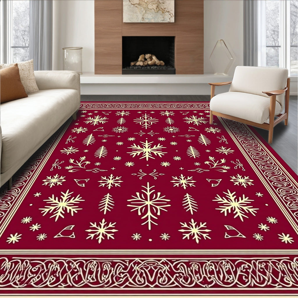Crimson Cream Snowflake Forest Border Rug
