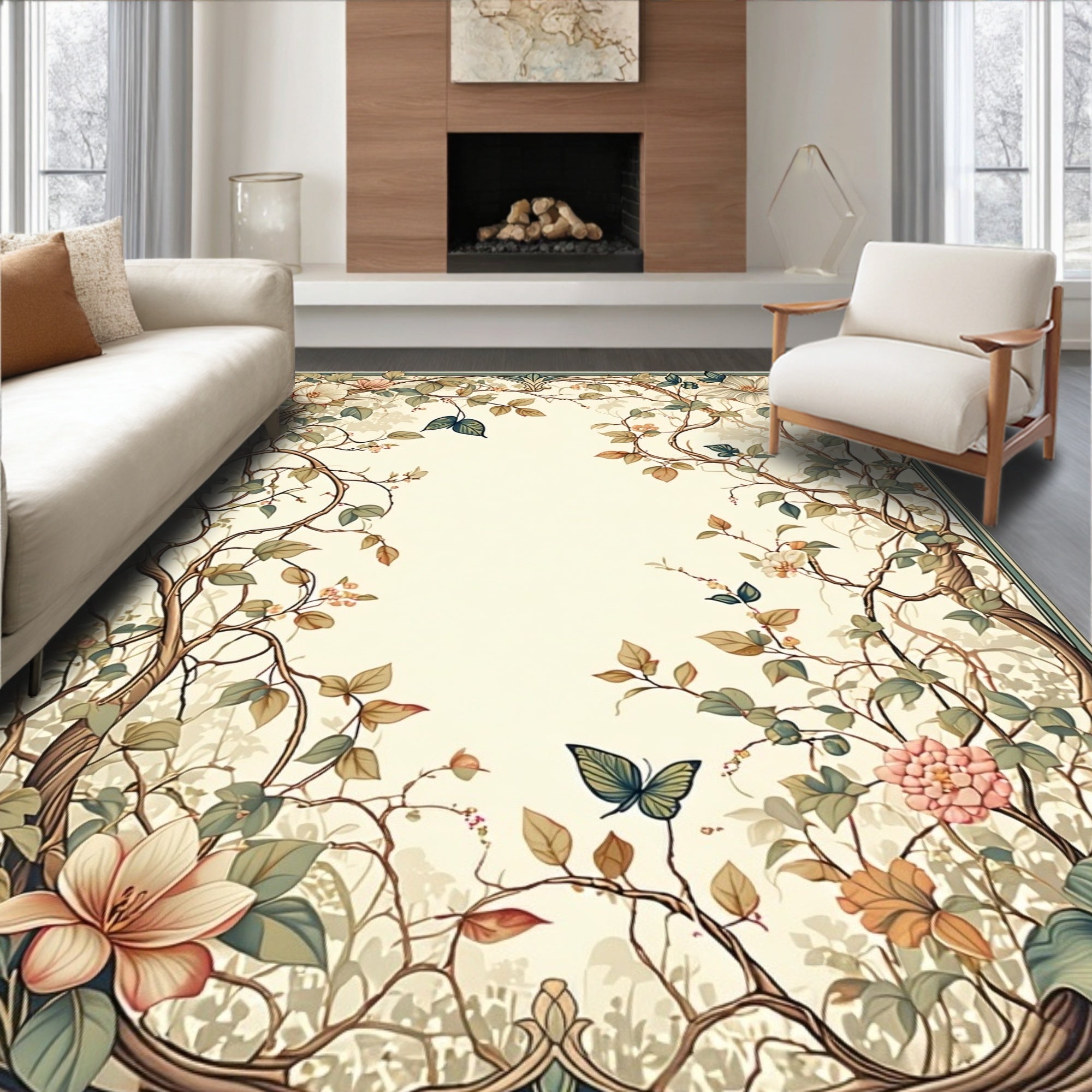 Arboreal Whimsical Floral Butterfly Design Rug