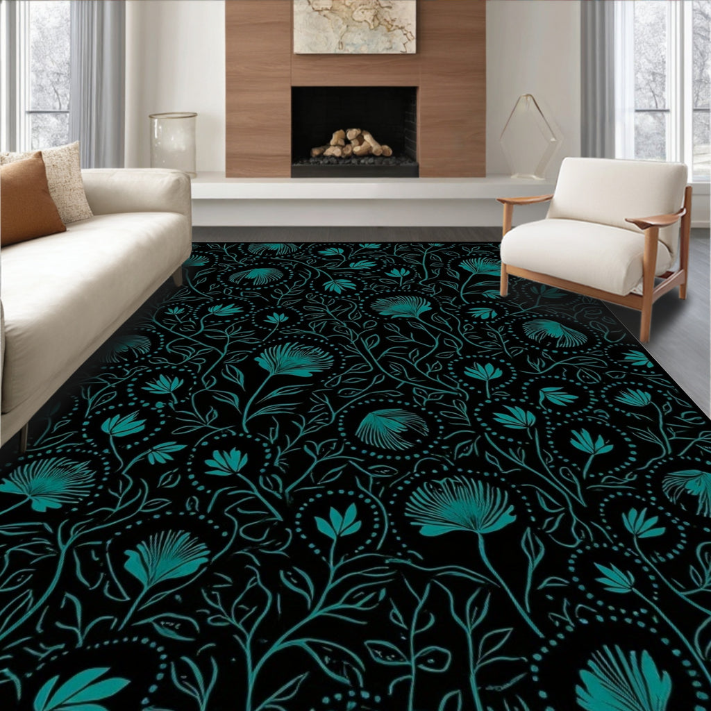 Teal Floral Vine Pattern Rug