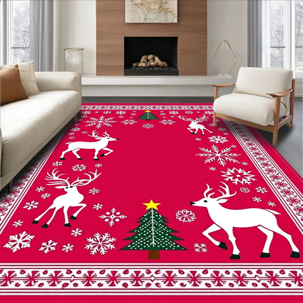 Crimson Christmas Reindeer Snowflakes Trees Rug