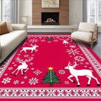 Crimson Christmas Reindeer Snowflakes Trees Rug