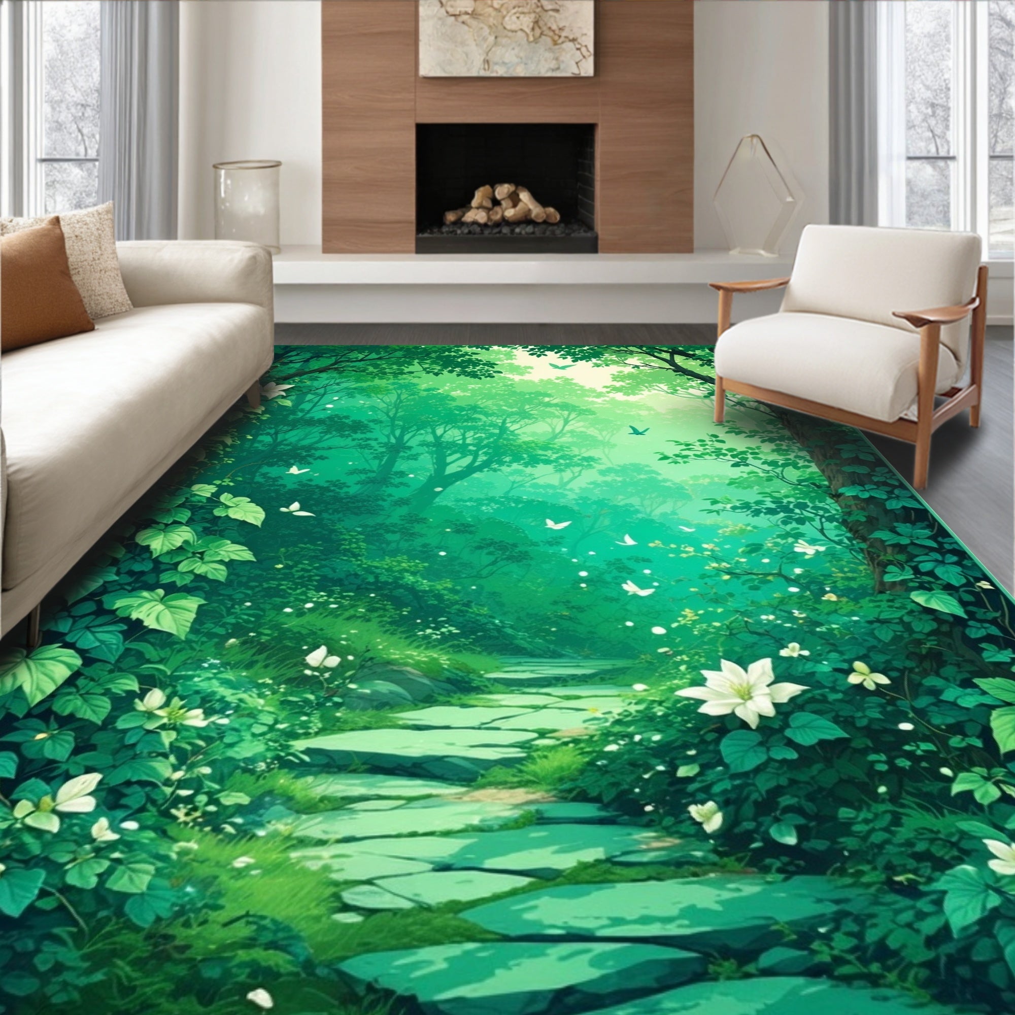 Enchanted Forest Pathway White Flowers Rug