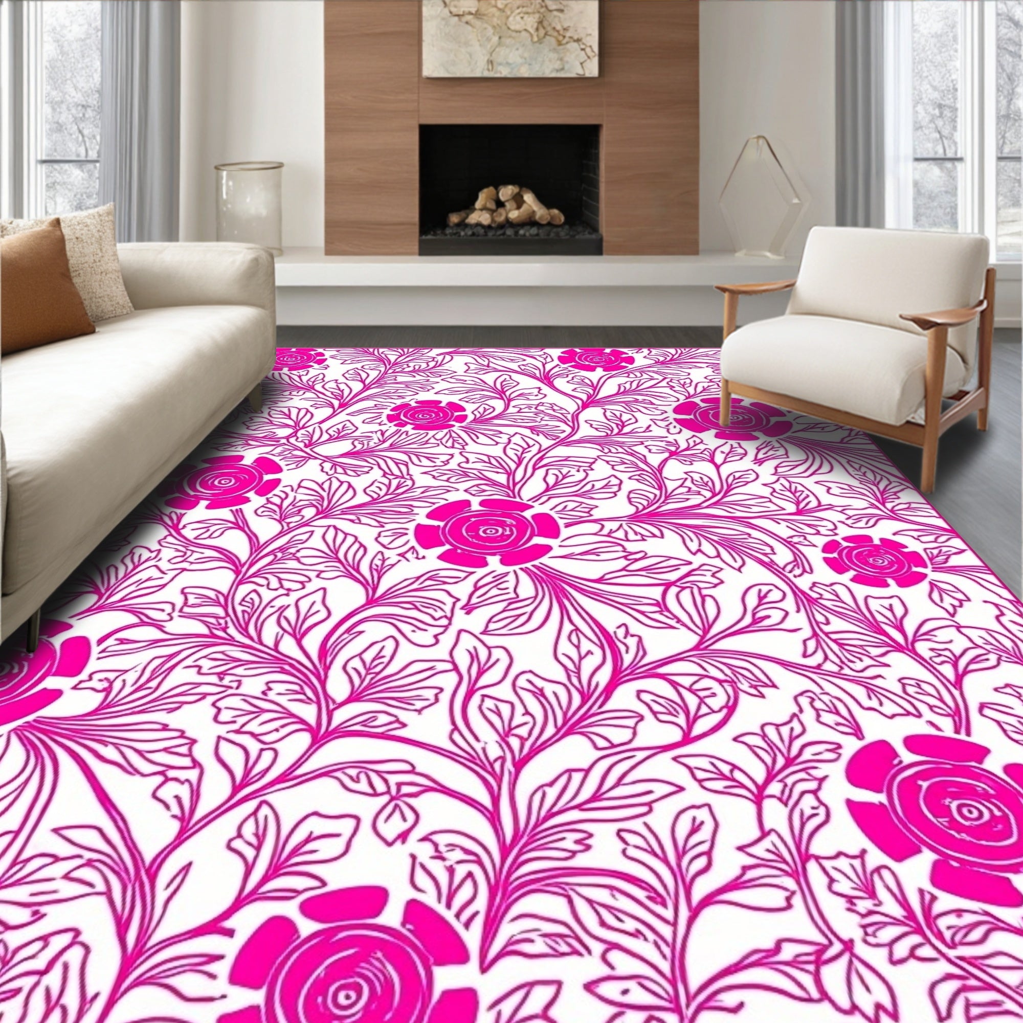 Bold Pink Floral Vine Design Rug