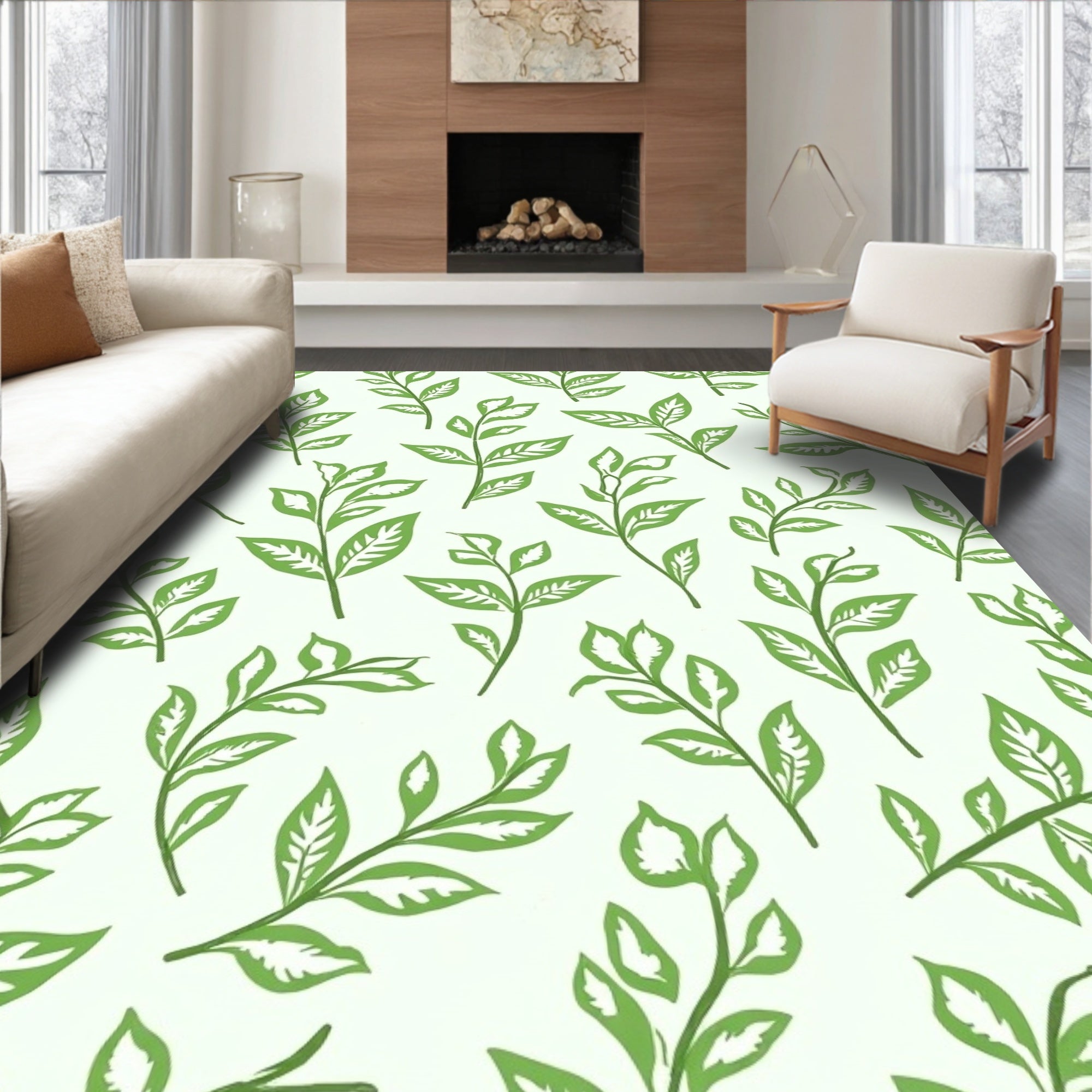 Leafy Branch Pattern With Greenery Accents Rug